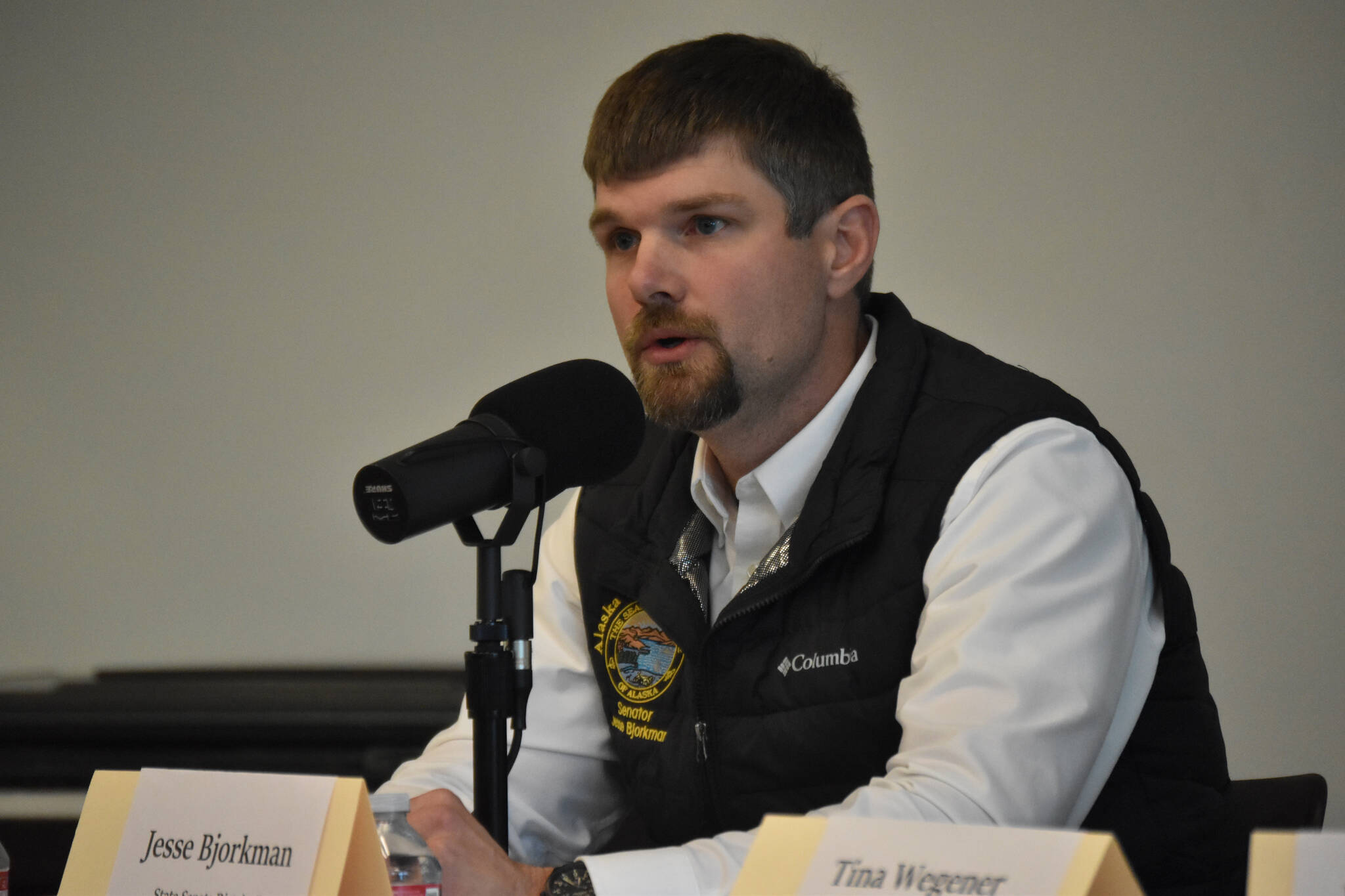 Alaska State Sen. Jesse Bjorkman (R-Nikiski) speaks at Senate District D candidate forum hosted by the Peninsula Clarion and KDLL 91.9 FM on Monday, Oct. 7, 2024, at the Soldotna Public Library in Soldotna, Alaska. (Photo by Erin Thompson/Peninsula Clarion)