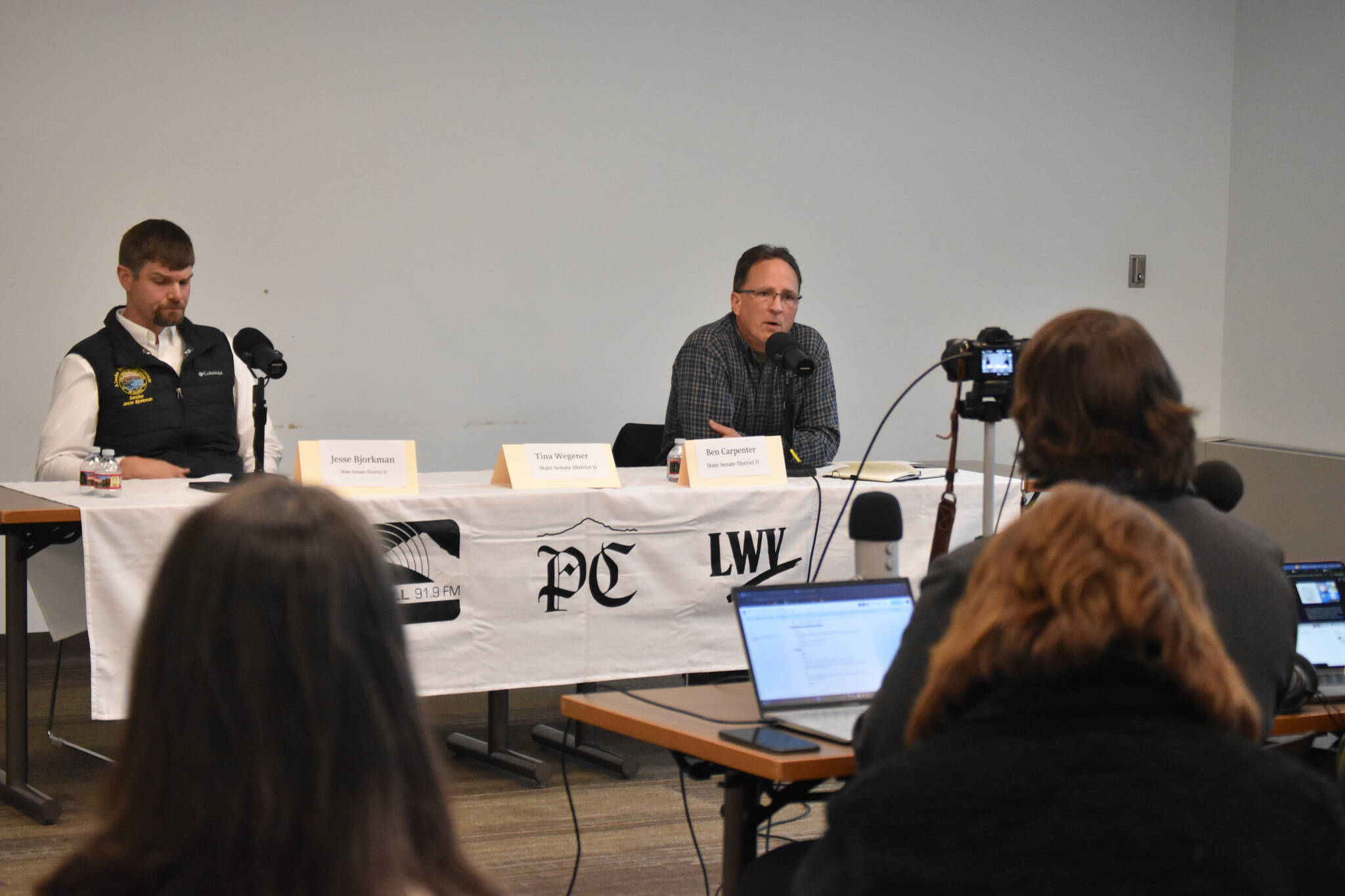 Alaska State Sen. Jesse Bjorkman (R-Nikiski), left, and Alaska House Rep. Ben Carpenter (R-Nikiski) participate in the Senate District D candidate forum hosted by the Peninsula Clarion and KDLL 91.9 FM on Monday, Oct. 7, 2024, at the Soldotna Public Library in Soldotna, Alaska. (Photo by Erin Thompson/Peninsula Clarion)