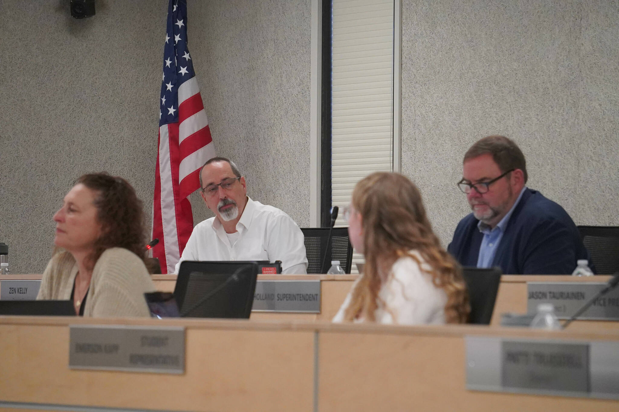 Board President Zen Kelly speaks during a special meeting of the Kenai Peninsula Board of Education in Soldotna, Alaska, on Monday, Oct. 14, 2024. (Jake Dye/Peninsula Clarion)