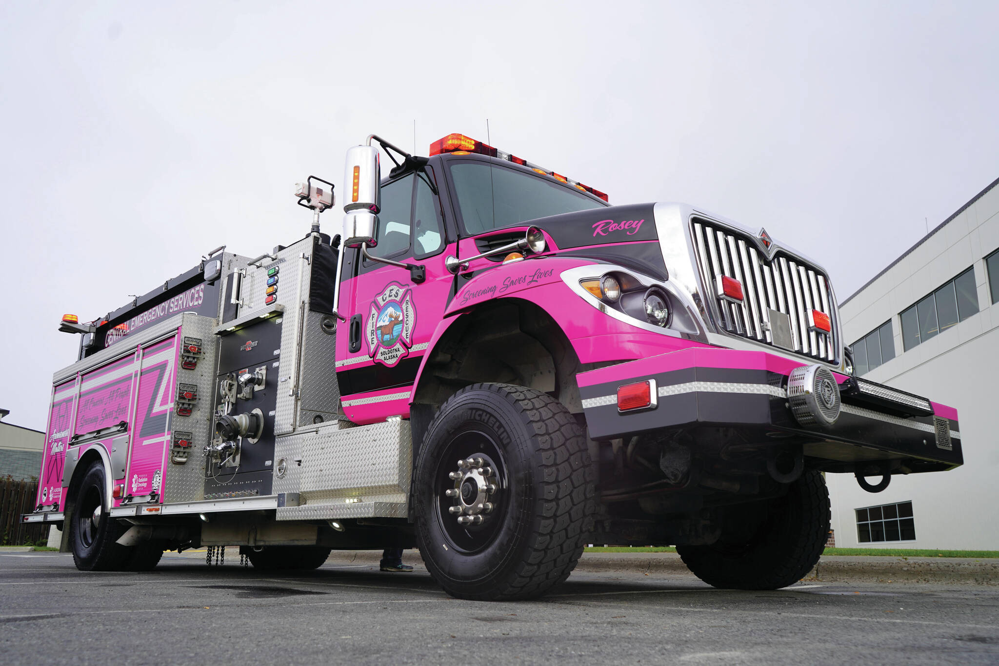 "Miss Rosey," a pink fire engine dedicated to raising awareness about cancer prevention and screening, is seen after her unveiling at Central Peninsula Hospital in Soldotna, Alaska, on Saturday, Sept. 28, 2024. (Jake Dye/Peninsula Clarion)