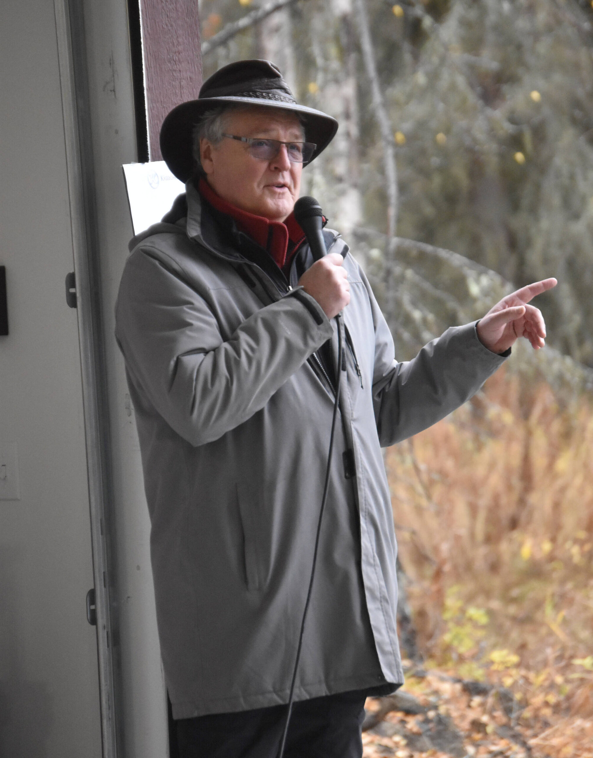 Ricky Gease, director of the Division of Parks and Outdoor Recreation, speaks at a Tsalteshi Trails Association winter kick-off and open house event to celebrate a new trail system maintenance shed Saturday, Oct. 12, 2024, just outside of Soldotna, Alaska. (Photo by Jeff Helminiak/Peninsula Clarion)