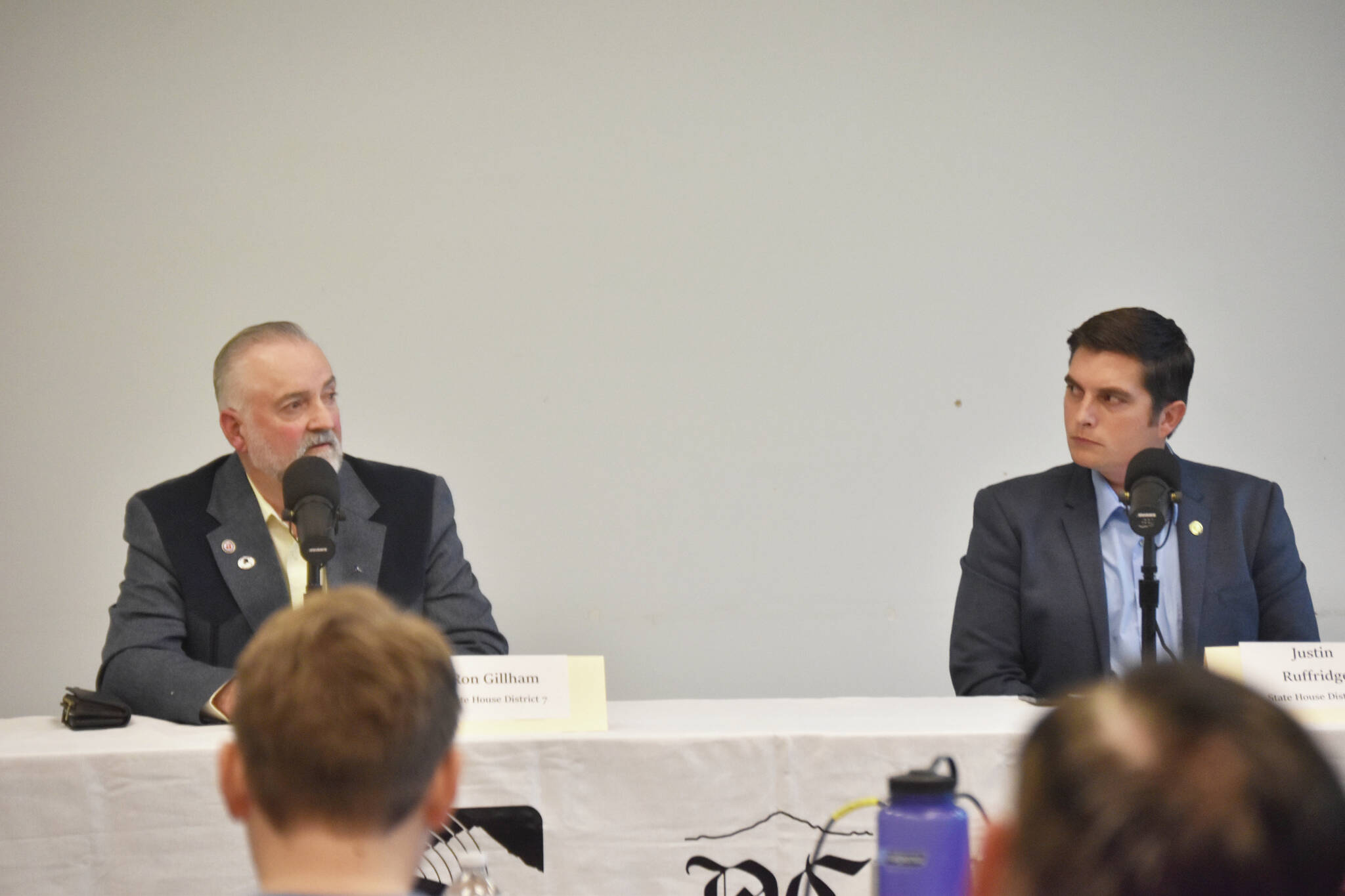 Photo by Erin Thompson/Peninsula Clarion
Alaska State House District 7 candidate Ron Gillham, left, and Rep. Justin Ruffridge participate in the Peninsula Clarion and KDLL 91.9 FM candidate forum at the Soldotna Public Library on Monday.