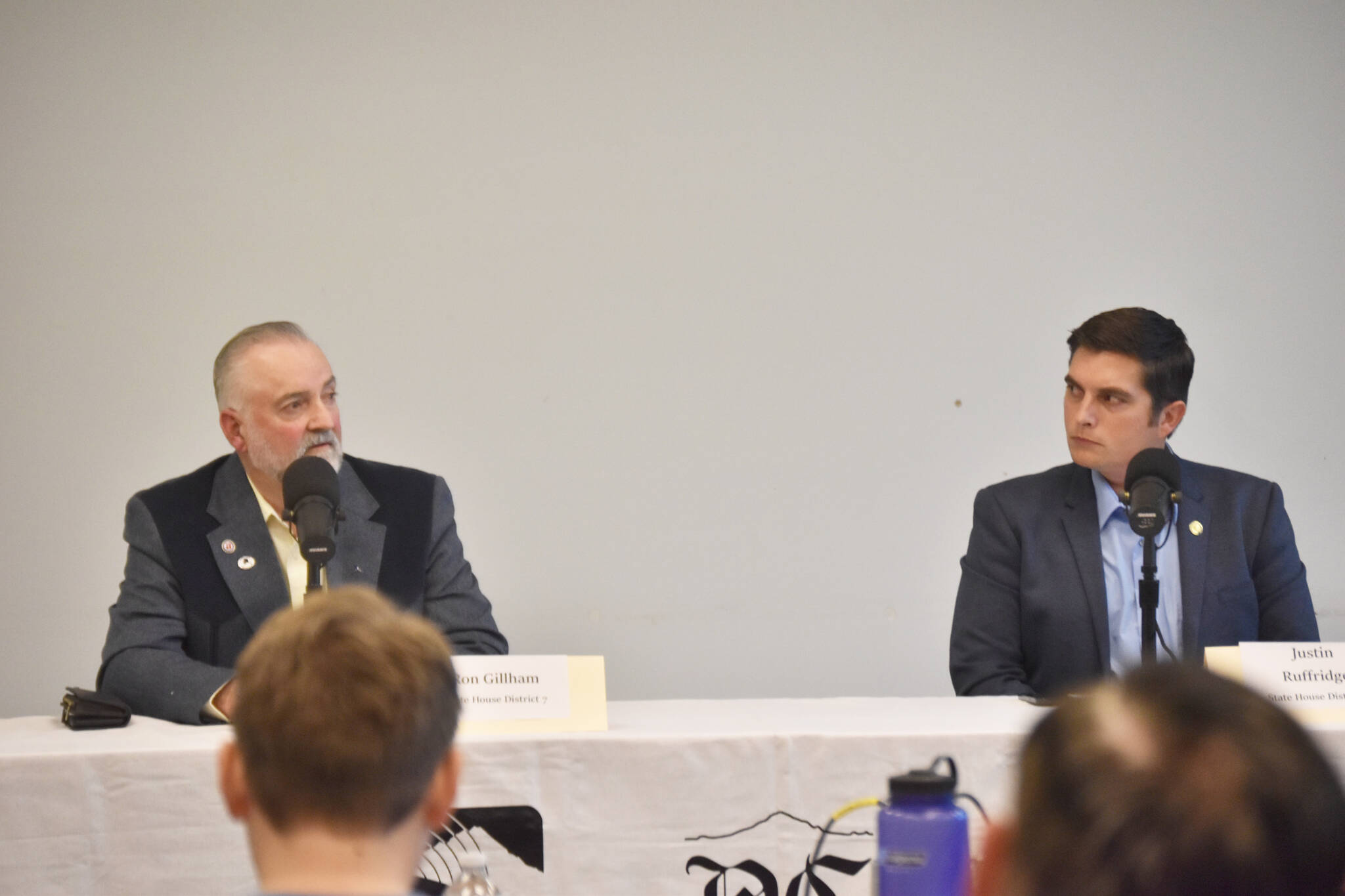 Alaska State House District 7 candidate Ron Gillham, left, and Rep. Justin Ruffridge participate in the Peninsula Clarion and KDLL 91.9 FM candidate forum at the Soldotna Public Library on Monday, Oct. 14, 2024, in Soldotna, Alaska. (Photo by Erin Thompson/Peninsula Clarion)