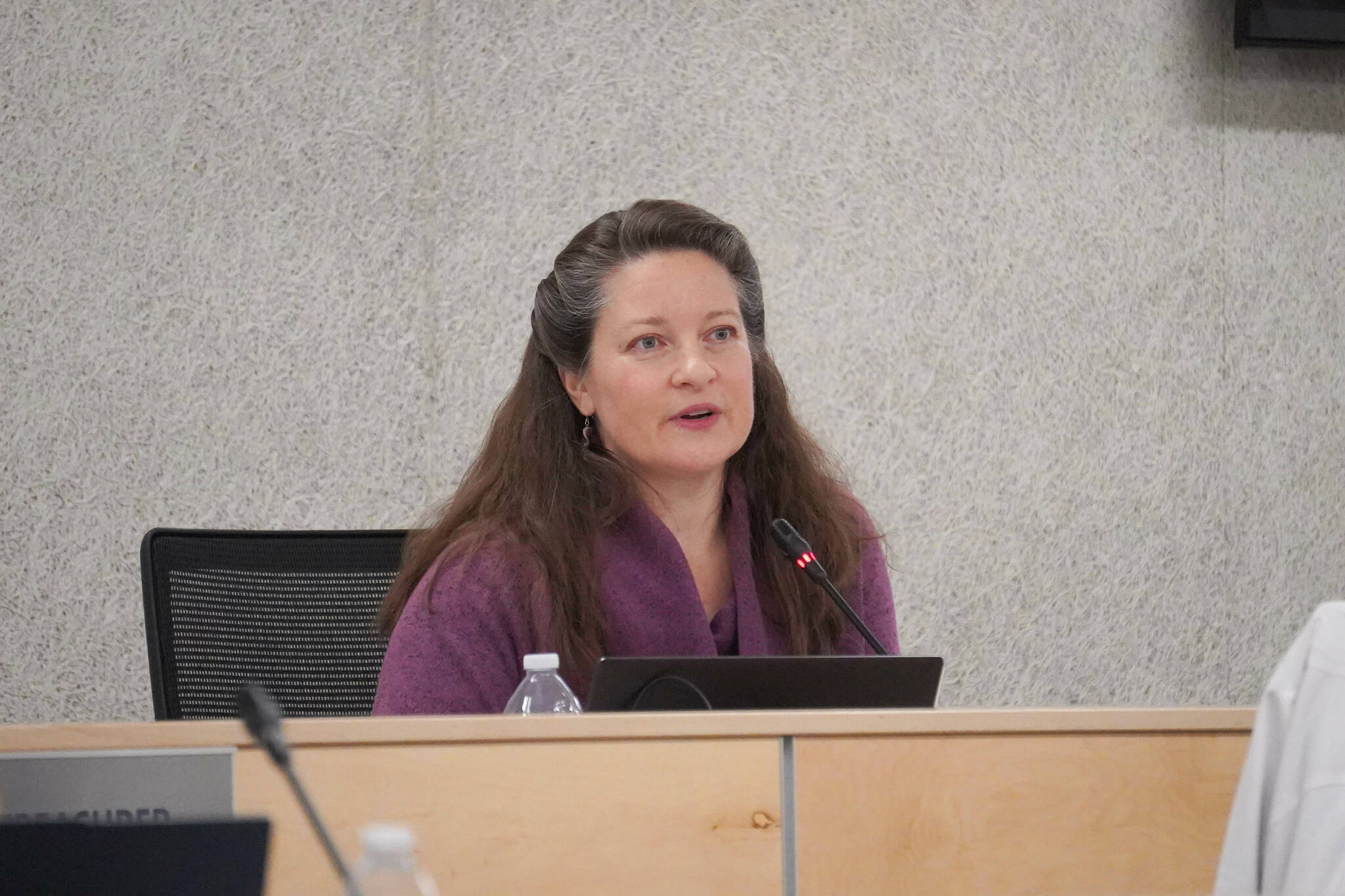 Virginia Morgan speaks during a meeting of the Kenai Peninsula Board of Education Charter School Oversight Committee in Soldotna, Alaska, on Monday, Oct. 14, 2024. (Jake Dye/Peninsula Clarion)