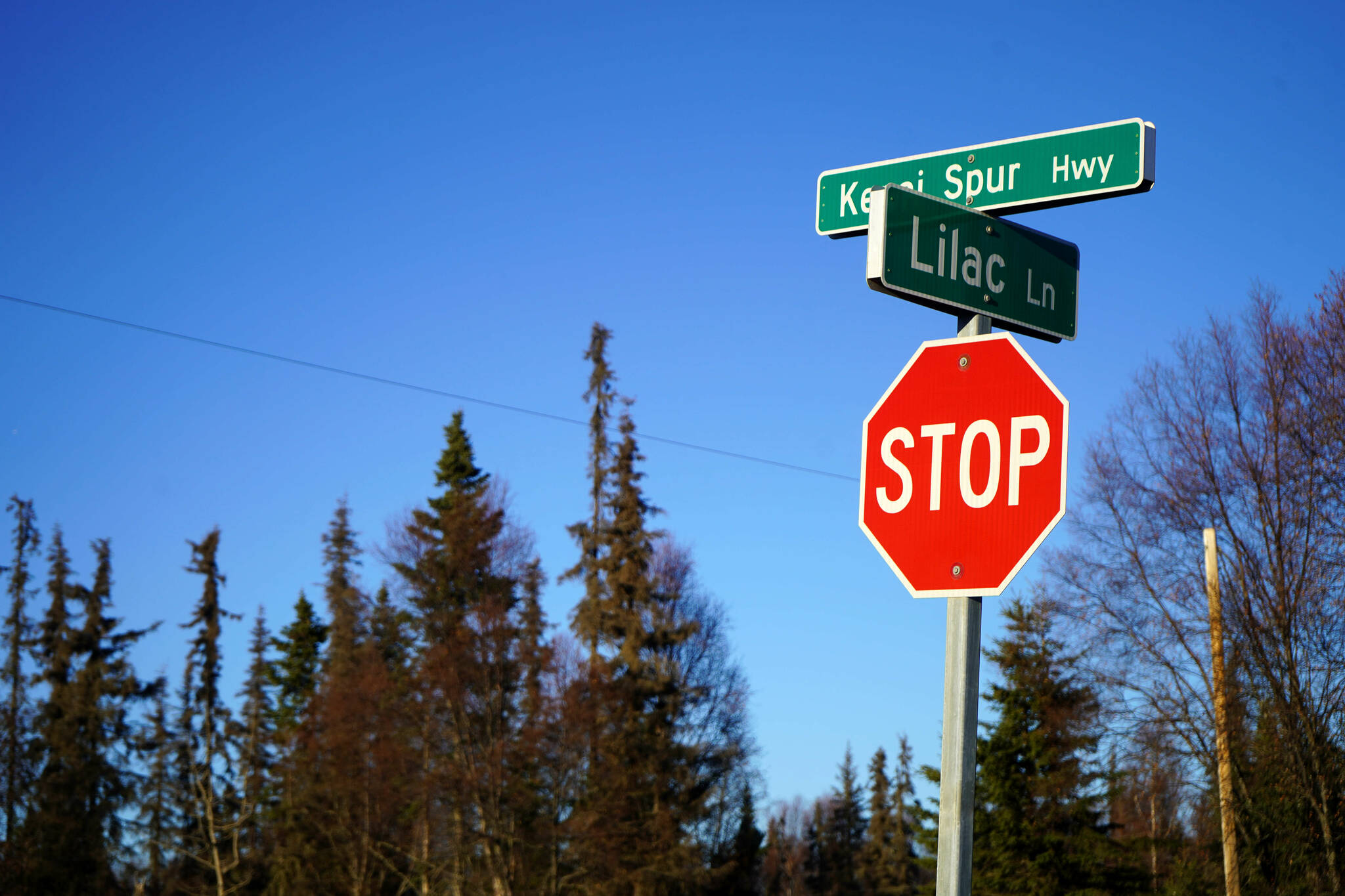 Lilac Lane intersects with the Kenai Spur Highway in Kenai, Alaska, on Friday, Oct. 18, 2024. (Jake Dye/Peninsula Clarion)