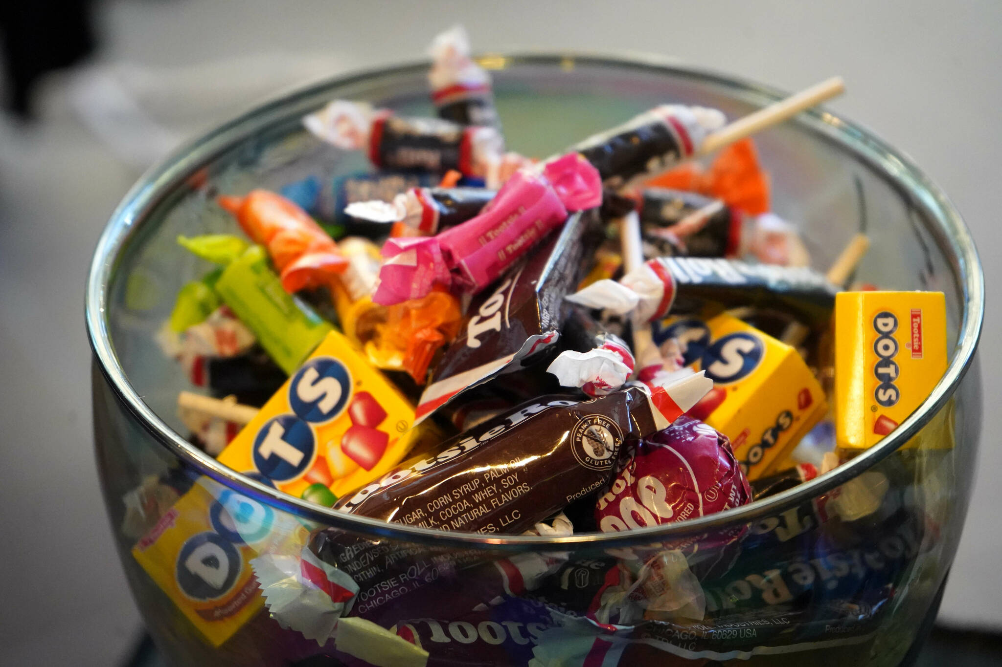 A bowl of candy waits as reward to the brave souls who endure the frights of the Haunted Chamber at the Kenai Chamber of Commerce and Visitor Center in Kenai, Alaska, on Friday, Oct. 18, 2024. (Jake Dye/Peninsula Clarion)