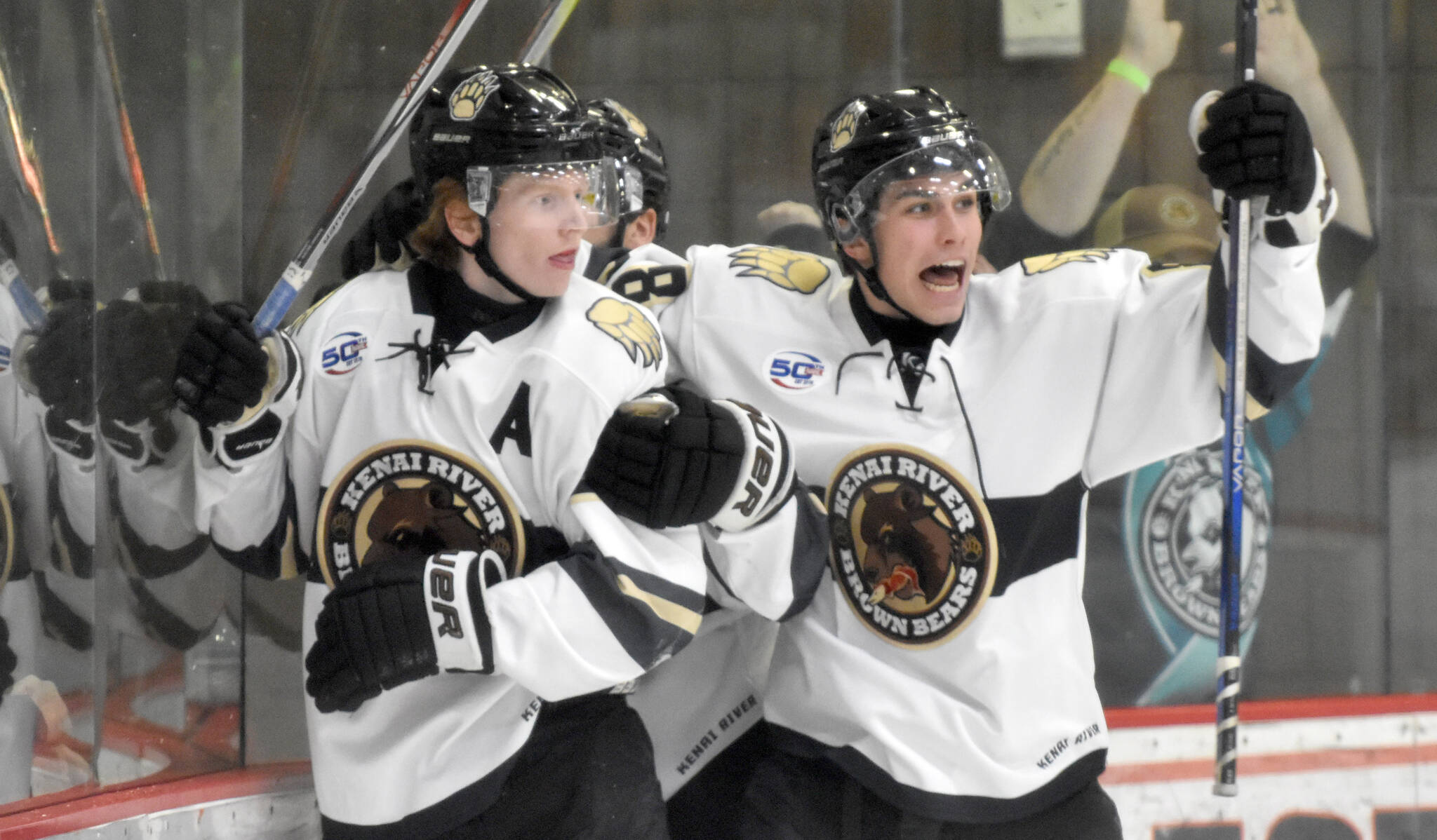 Jackson Ebbott of the Kenai River Brown Bears celebrates his goal with Oliver Langland on Friday, Oct. 18, 2024, at the Soldotna Regional Sports Complex in Soldotna, Alaska. (Photo by Jeff Helminiak/Peninsula Clarion)