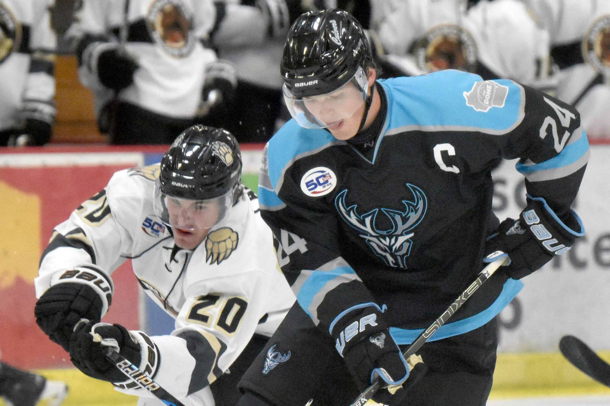 Cashen Naeve of the Wisconsin Windigo protects the puck from Dario Lass of the Kenai River Brown Bears on Friday, Oct. 18, 2024, at the Soldotna Regional Sports Complex in Soldotna, Alaska. (Photo by Jeff Helminiak/Peninsula Clarion)