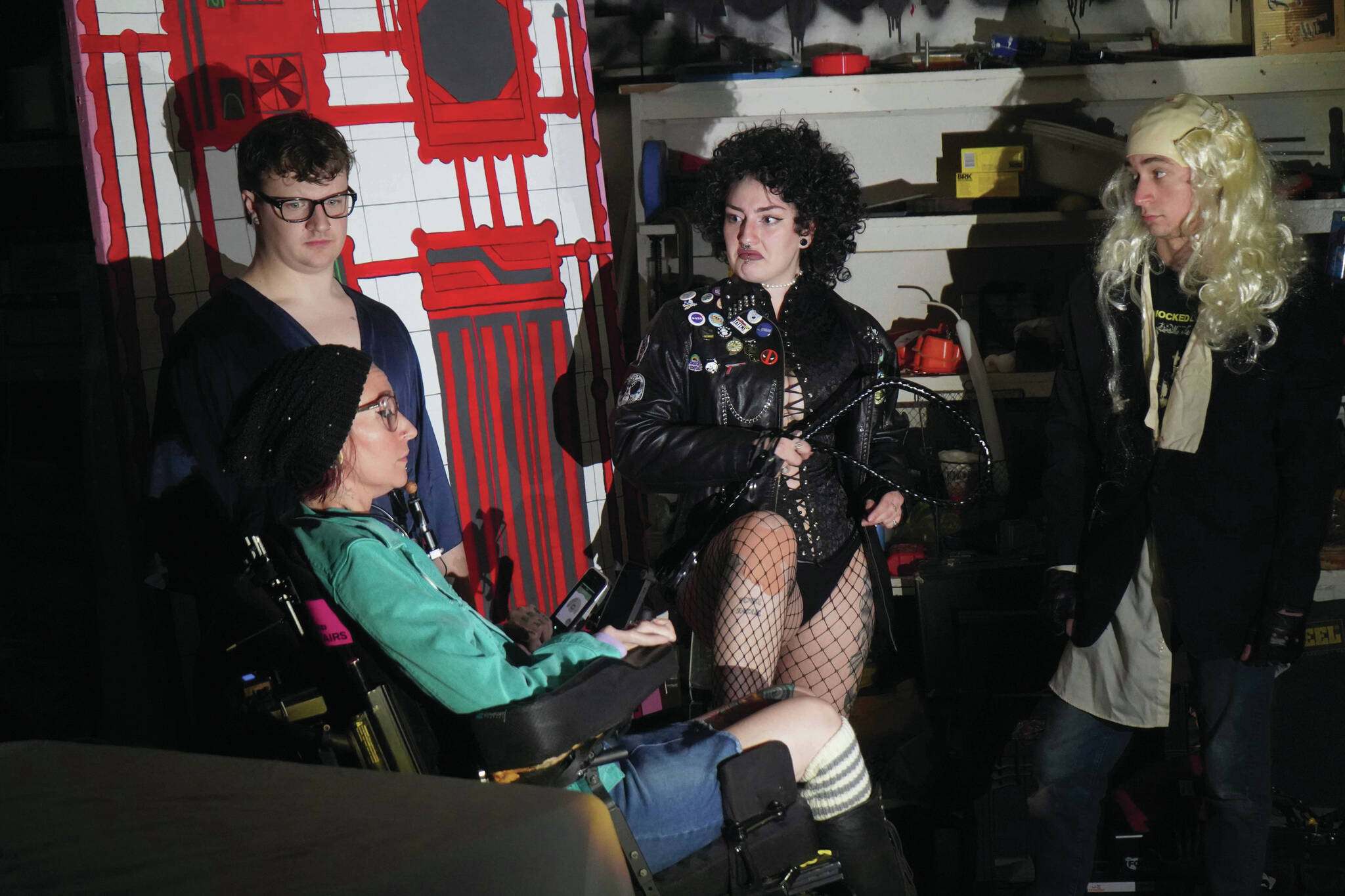 The cast of Intuition Salon’s shadow cast of “The Rocky Horror Picture Show” rehearse in Kenai on Monday.