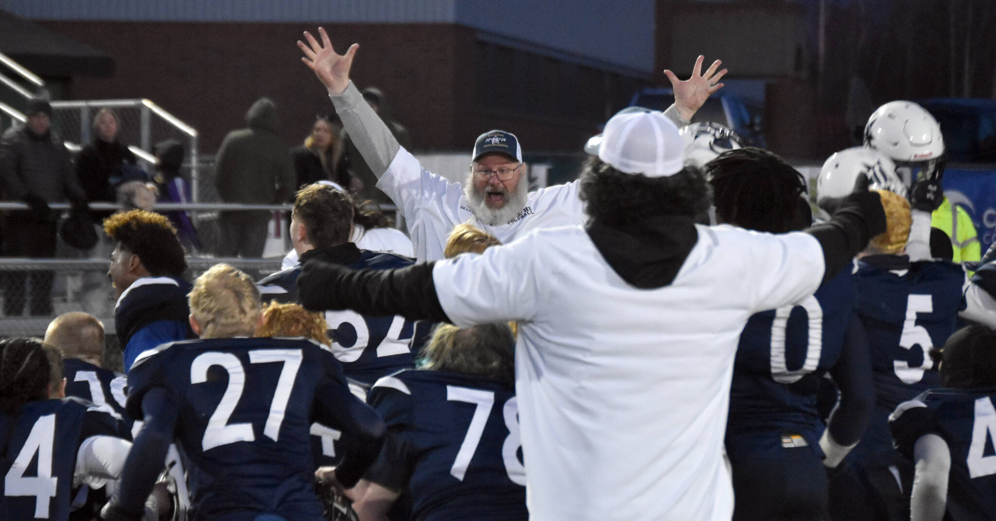 Soldotna head coach Galen Brantley Jr. celebrates Saturday, Oct. 26, 2024, at the First National Bowl Division II title game at Pride Field at Colony High School in Palmer, Alaska. (Photo by Jeff Helminiak/Peninsula Clarion)