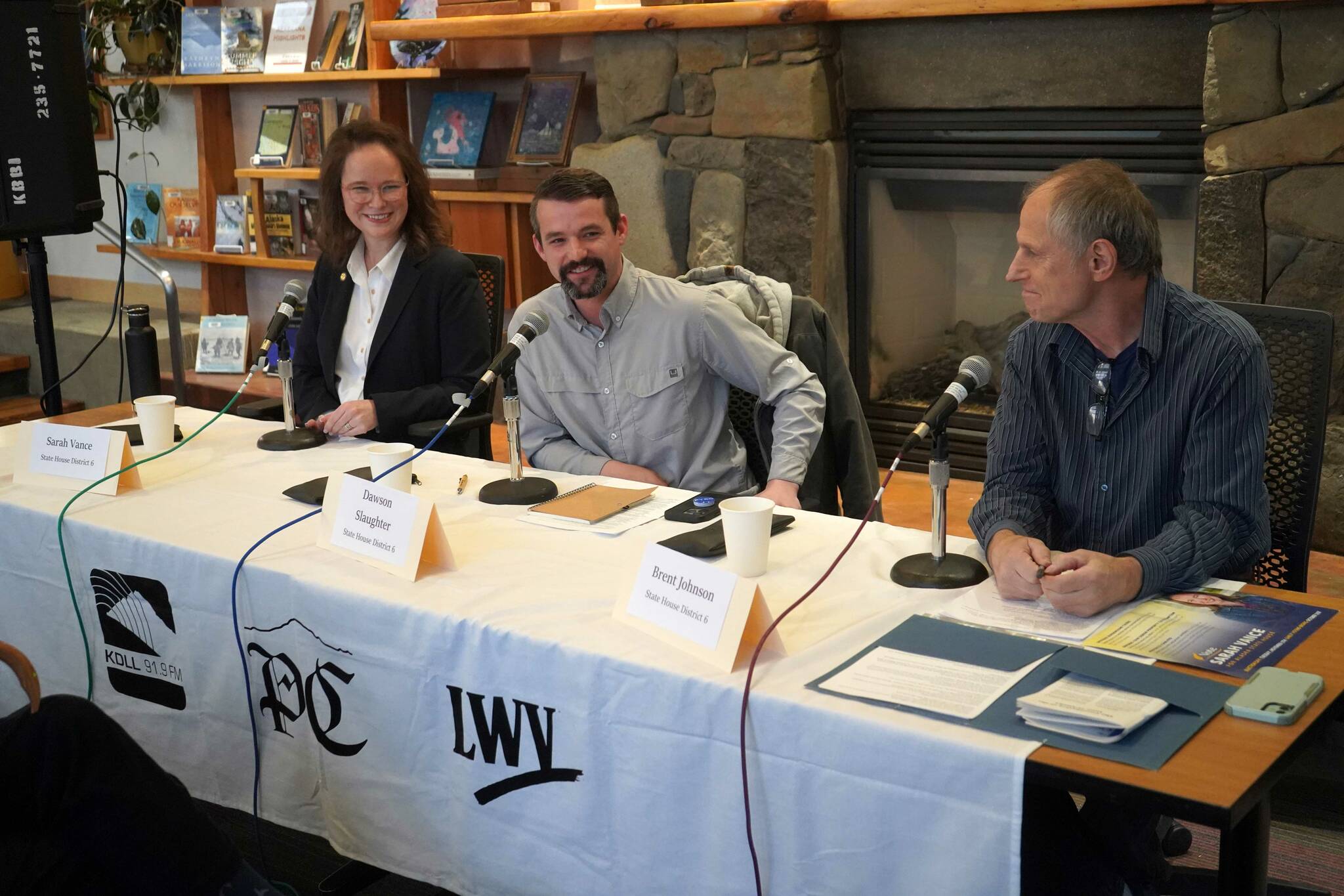 State House District 6 candidates Rep. Sarah Vance, Dawson Slaughter and Brent Johnson participate in a candidate forum hosted by the Peninsula Clarion and KBBI 890 AM at the Homer Public Library in Homer, Alaska, on Tuesday, Oct. 29, 2024. (Jake Dye/Peninsula Clarion)