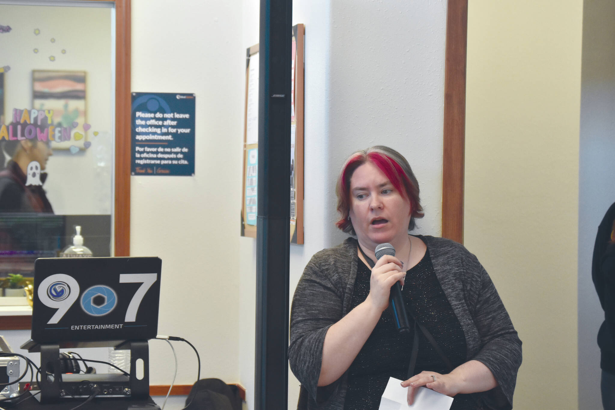 Photo by Jonas Oyoumick/Peninsula Clarion
Probation Parole Officer Jodi Stuart speaks at Ideal Option’s open house on Wednesday, Oct. 23.