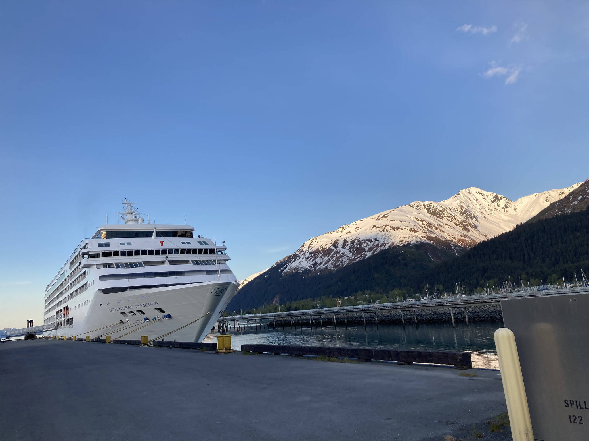 A cruise ship is docked in Seward, Alaska on Wednesday, May 25, 2022. (Camille Botello/Peninsula Clarion)