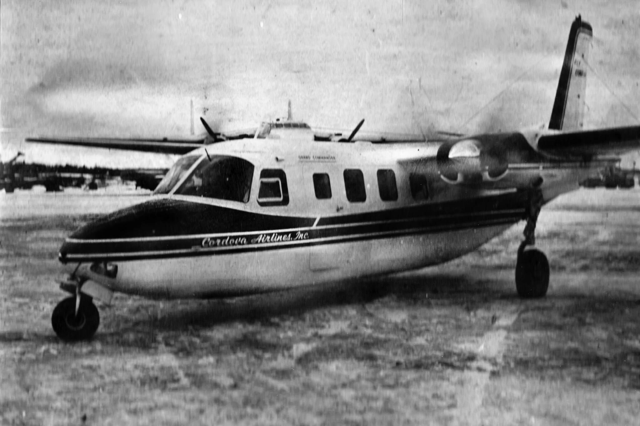 This is the 42-foot Aero Grand Commander, owned by Cordova Airlines, that crashed into Tustumena Lake in 1965. (Photo courtesy of the Galliett Family Collection)