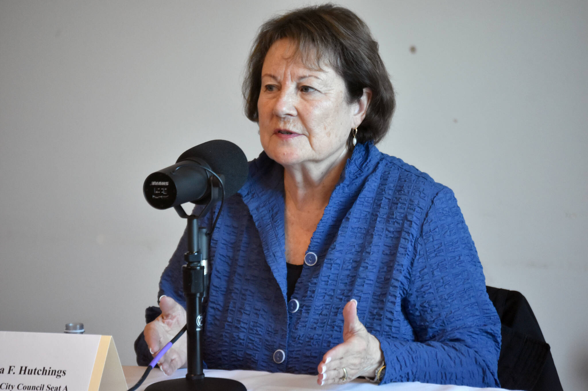 Soldotna City Council member Linda Farnsworth-Hutchings participates in the Peninsula Clarion and KDLL candidate forum series, Thursday, Sept. 5, 2024, at the Soldotna Public Library in Soldotna, Alaska. (Photo by Erin Thompson/Peninsula Clarion)