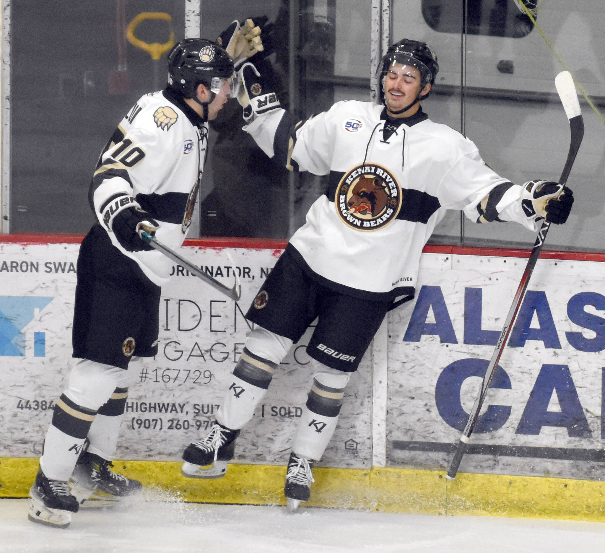 Jack Clarke (right) of the Kenai River Brown Bears celebrates his goal with Michael Fiedorczuk on Saturday, Nov. 2, 2024, at the Soldotna Regional Sports Complex in Soldotna, Alaska. (Photo by Jeff Helminiak/Peninsula Clarion)