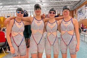 Kenai Central's Ra'ah Roady, Abigail Price, Sierra Hershberger and Isla Crouse qualified for state in the 200- and 400-yard freestyle relays at the Region III Swim and Dive Championships at Kodiak High School on Nov. 1 and 2, 2024. (Photo provided)