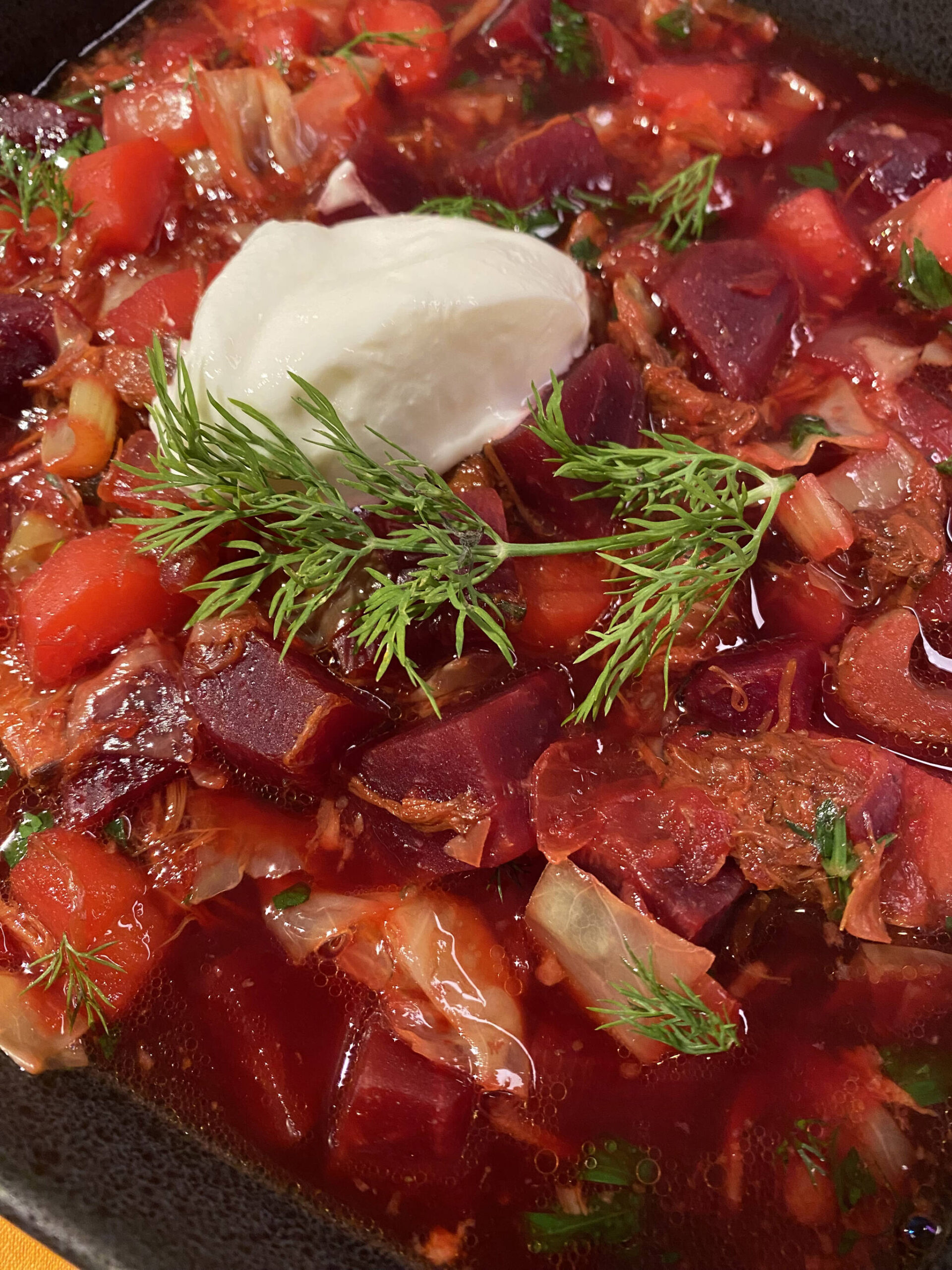 This slow-simmered ox tail broth makes this otherwise simple borscht recipe quite luxurious. (Photo by Tressa Dale/Peninsula Clarion)