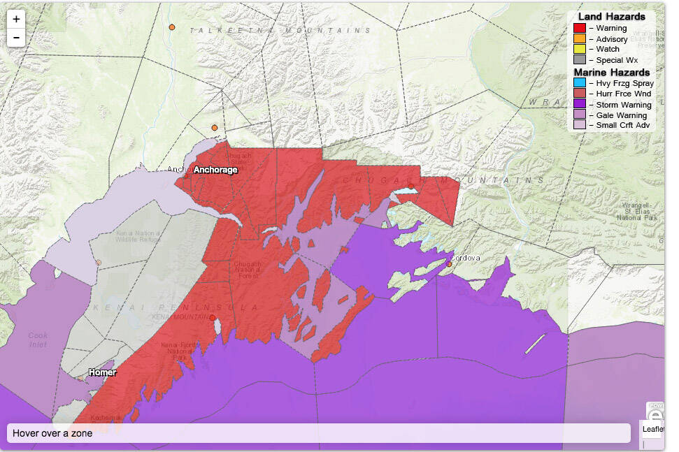 A special weather statement for the western Kenai Peninsula was issued Monday by the National Weather Service. The area will see strong gusty winds and rain late tonight and through Tuesday morning. A winter storm warning remains in effect from 3 a.m. to 4 p.m. Tuesday for areas of the eastern peninsula. (Image via weather.gov)