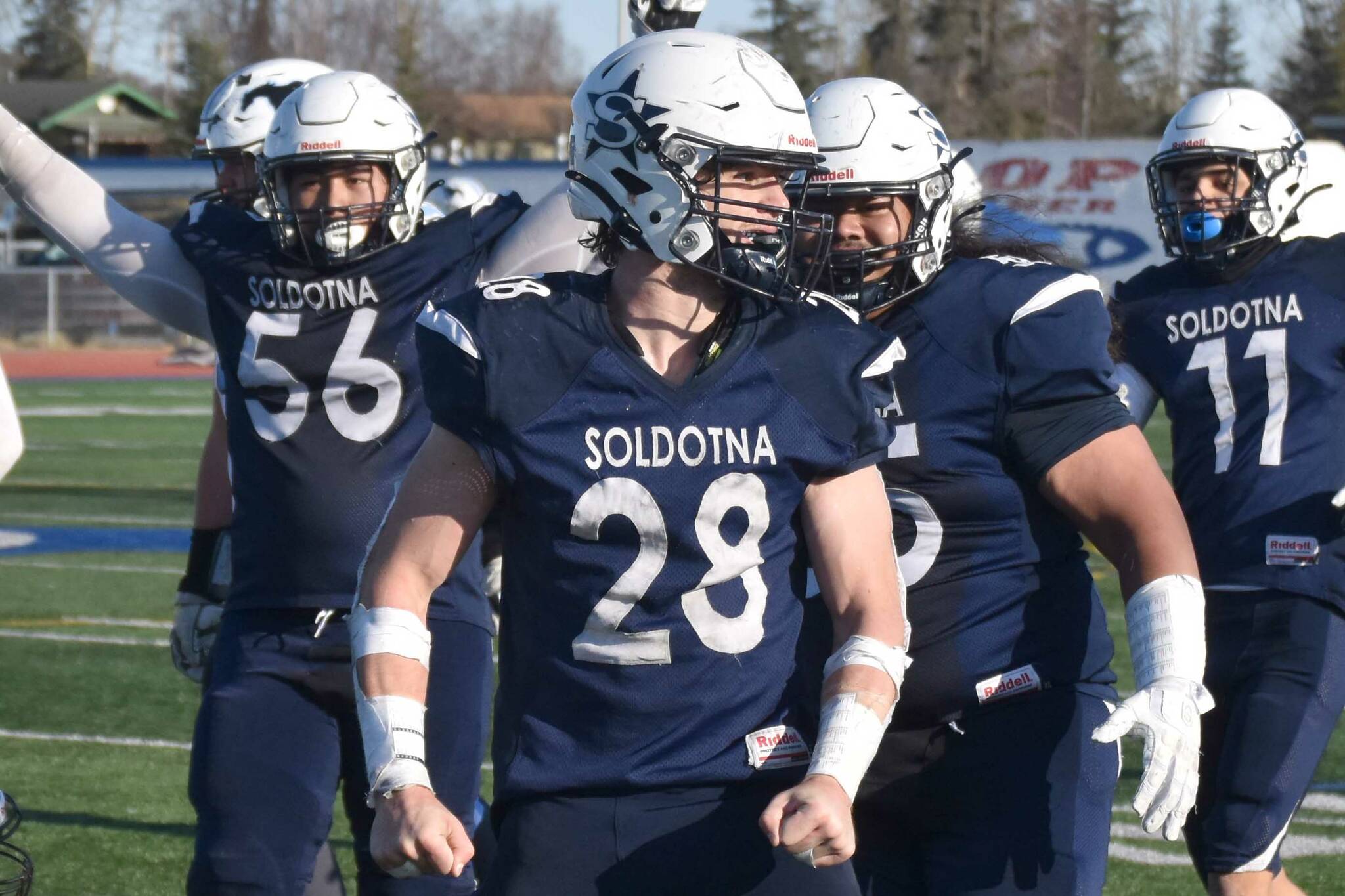 Soldotna's Wyatt Faircloth celebrates a tackle in the Division II semifinal Saturday, Oct. 19, 2024, at Justin Maile Field at Soldotna High School in Soldotna, Alaska. (Photo by Jeff Helminiak/Peninsula Clarion)