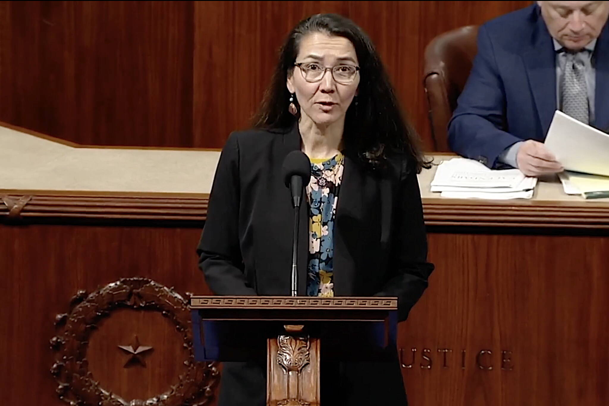 U.S. Rep. Mary Peltola, D-Alaska, talks about issues of concern regarding the proposed merger of supermarket chains Kroger and Albertsons during a floor speech in the House chamber on Wednesday. (Screenshot from official U.S. House of Representatives video feed)