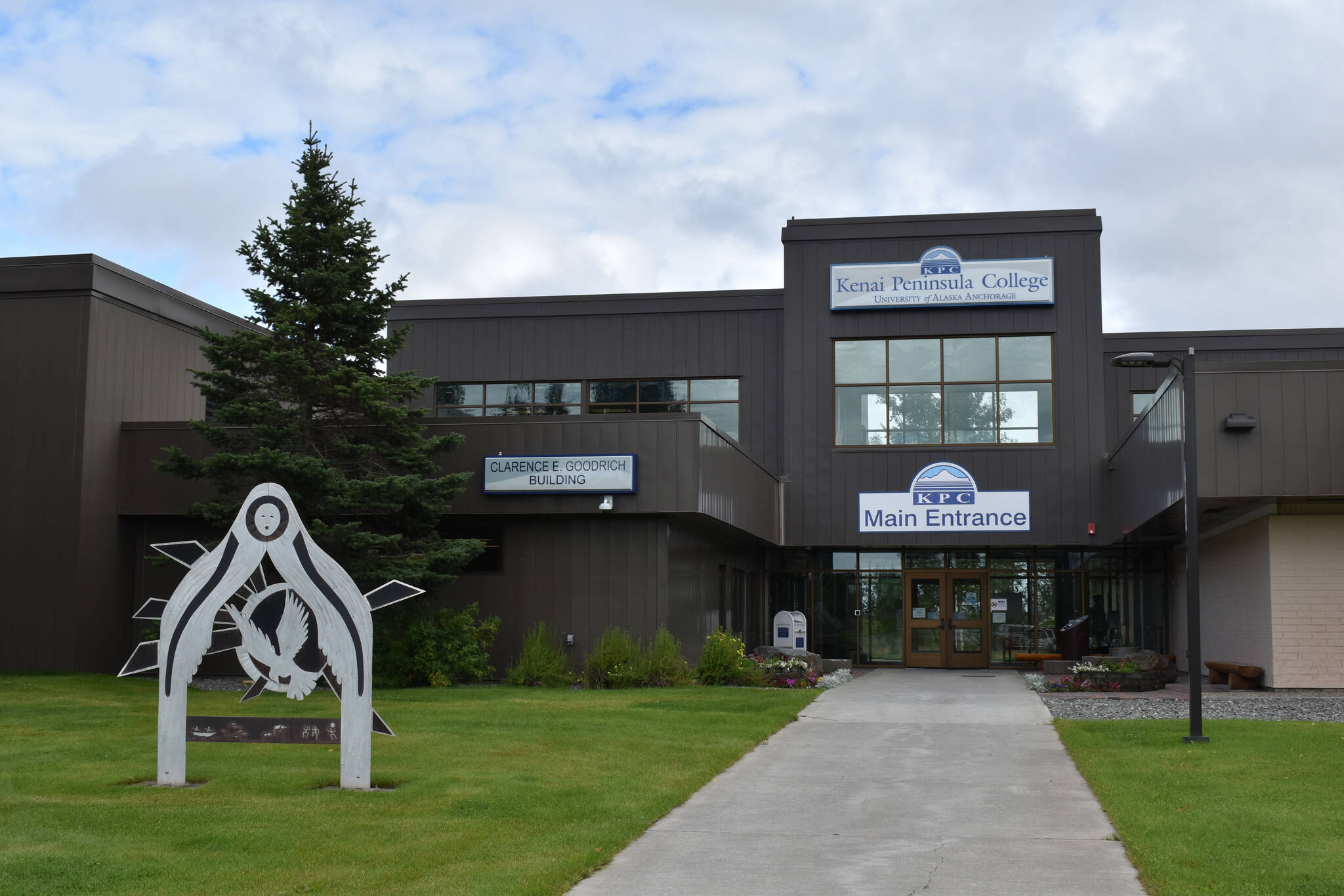 The Kenai Peninsula College main entrance on Aug. 18, 2022, in Soldotna, Alaska. (Jake Dye/Peninsula Clarion)