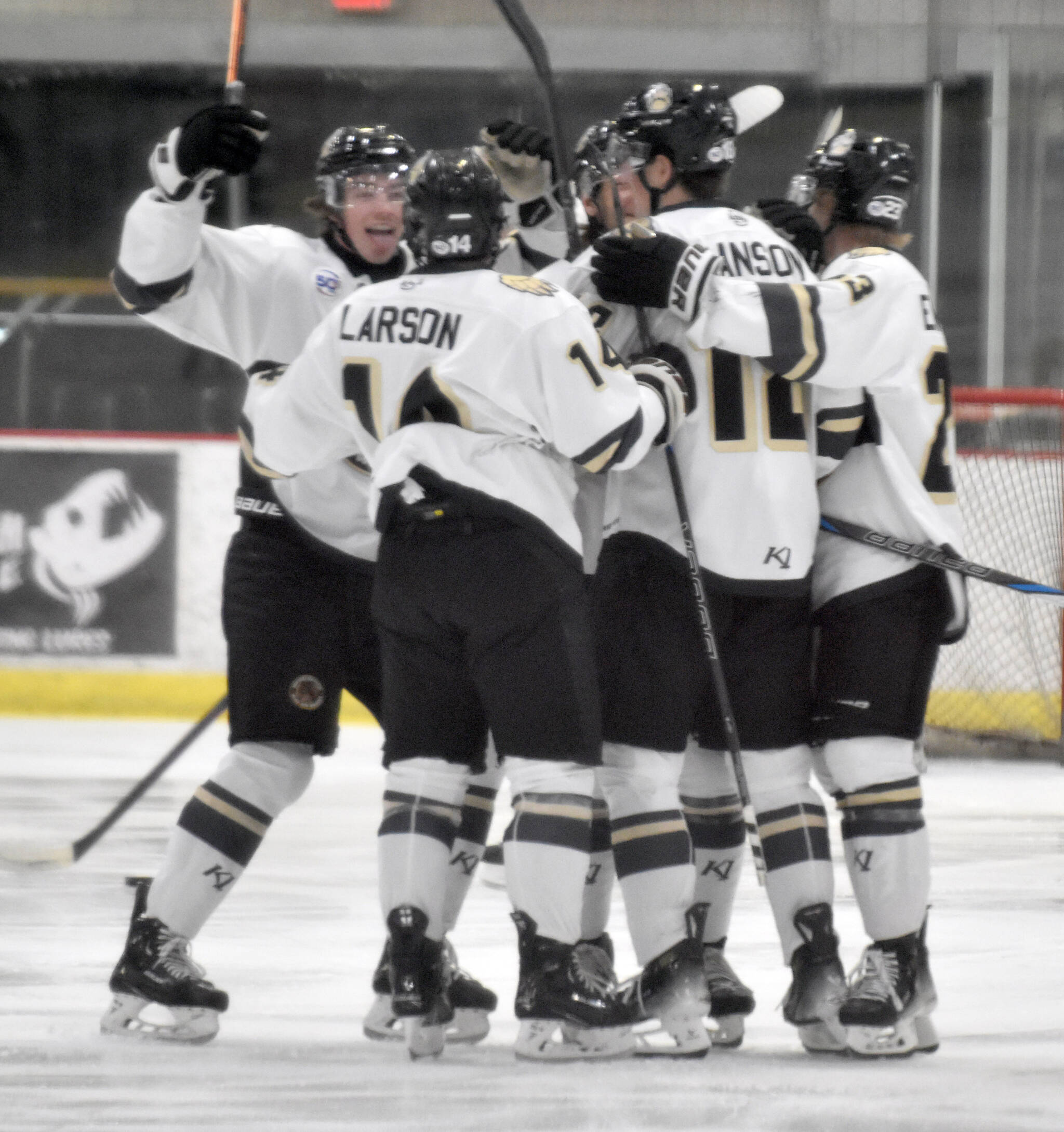 The Kenai River Brown Bears celebrate Joel Hanson's goal Thursday, Nov. 7, 2024, at the Soldotna Regional Sports Complex in Soldotna, Alaska. (Photo by Jeff Helminiak/Peninsula Clarion)