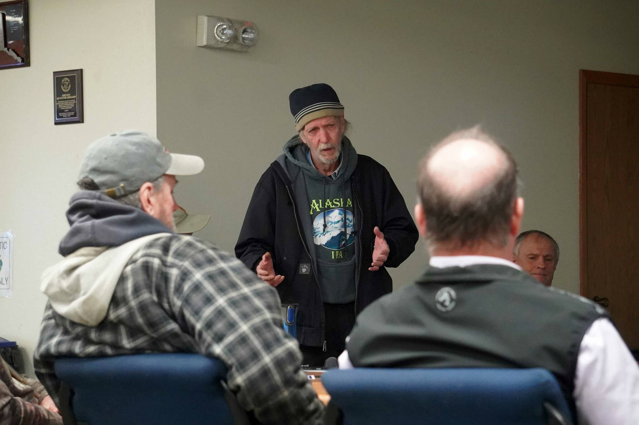 Commercial fishers speak to the Commercial Fisheries Entry Commission during a public hearing on a proposed regulation change to add dipnets to the east side setnet fishery at Cook Inlet Aquaculture Association in Kenai, Alaska, on Saturday, Nov. 2, 2024. (Jake Dye/Peninsula Clarion)