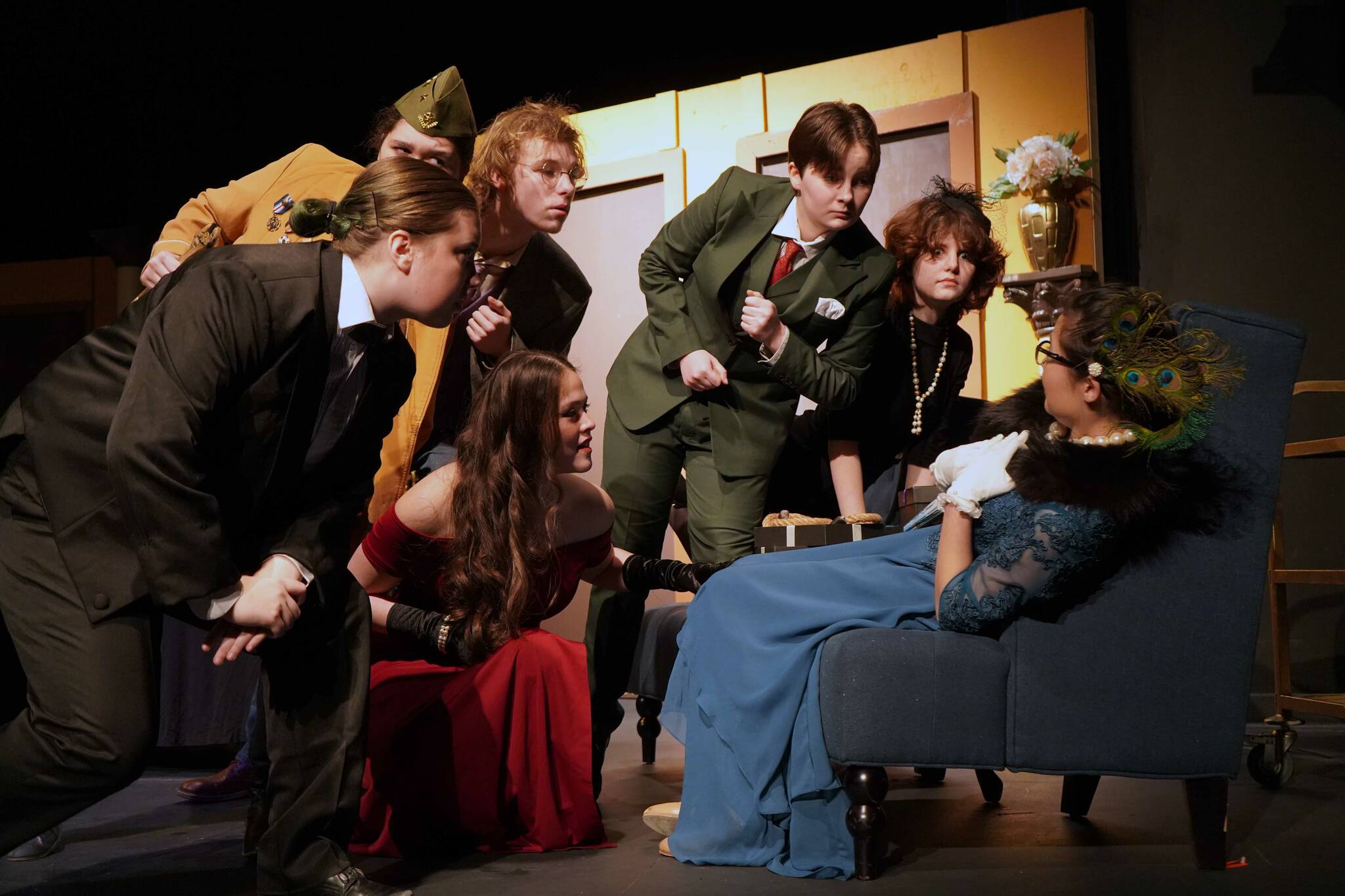 The cast of Seward High School Theatre Collective’s “Clue” rehearse at Seward High School in Seward, Alaska, on Thursday, Nov. 7, 2024. (Jake Dye/Peninsula Clarion)