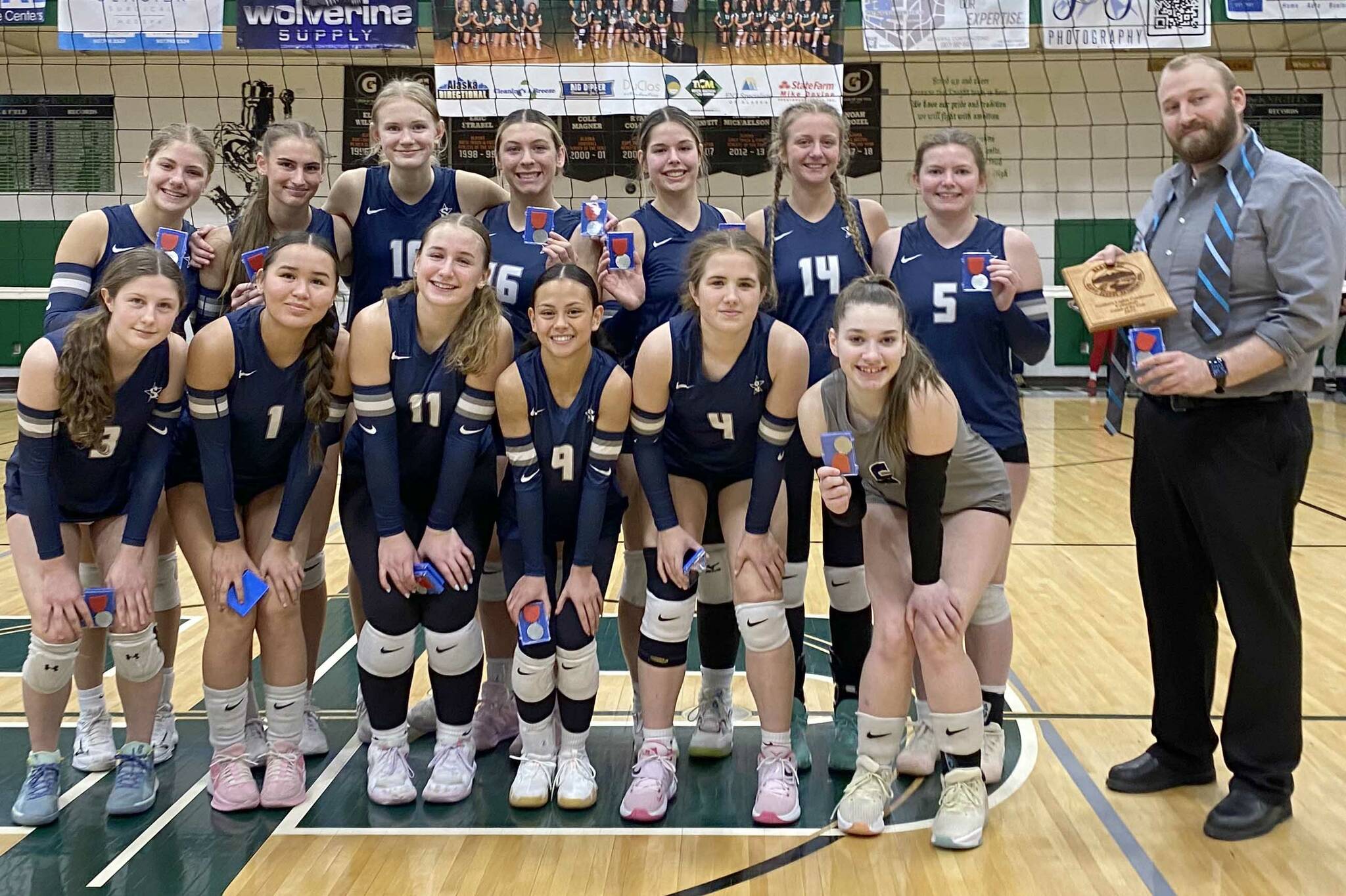 Soldotna finished second at the Northern Lights Conference tournament at Colony High School in Palmer, Alaska, on Saturday, Nov. 9, 2024. (Photo by Jeff Helminiak/Peninsula Clarion)