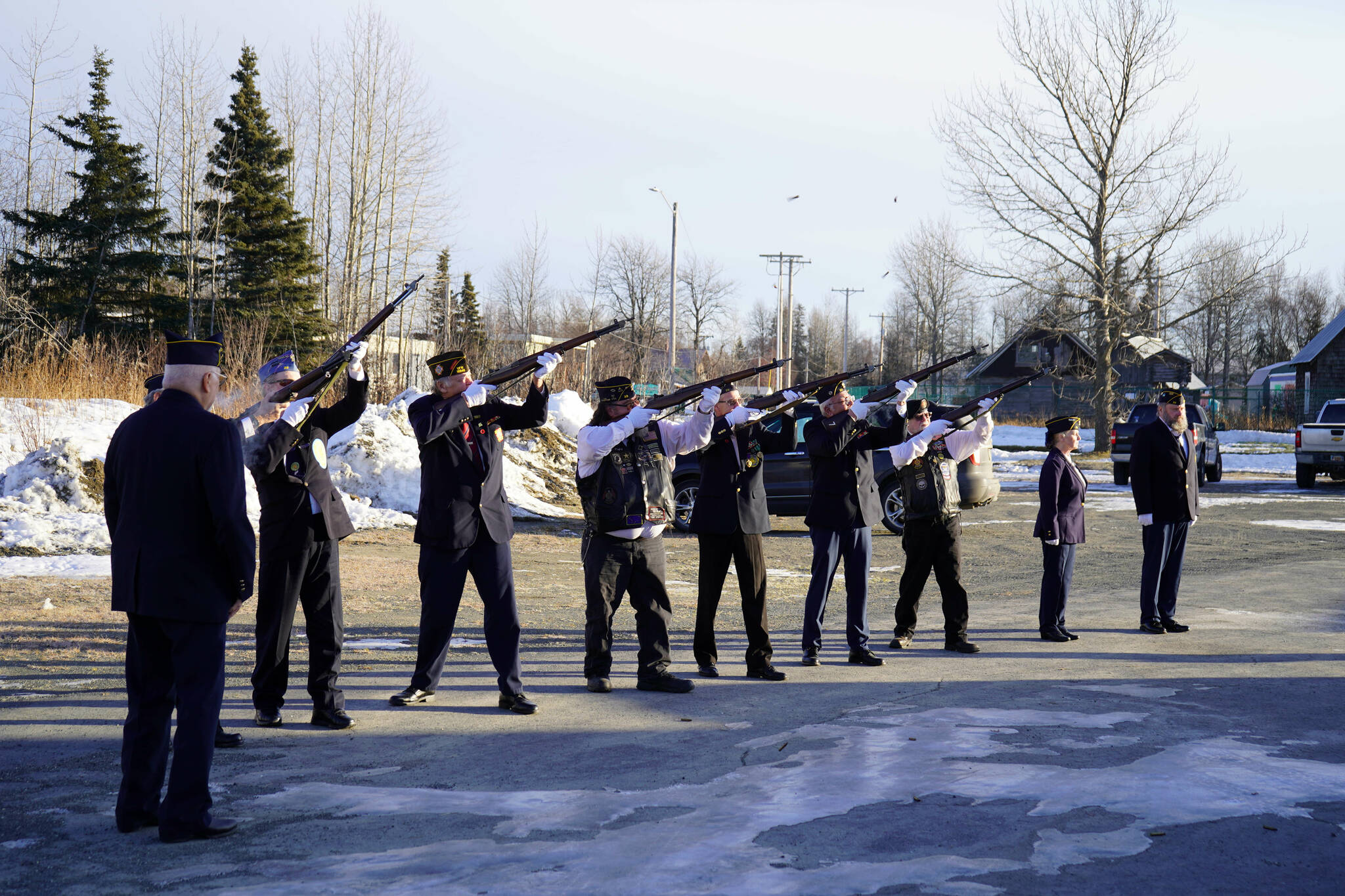 American Legion Post 20 members lead a salute during a Veterans Day ceremony on Monday, Nov. 11, 2024. (Jake Dye/Peninsula Clarion)