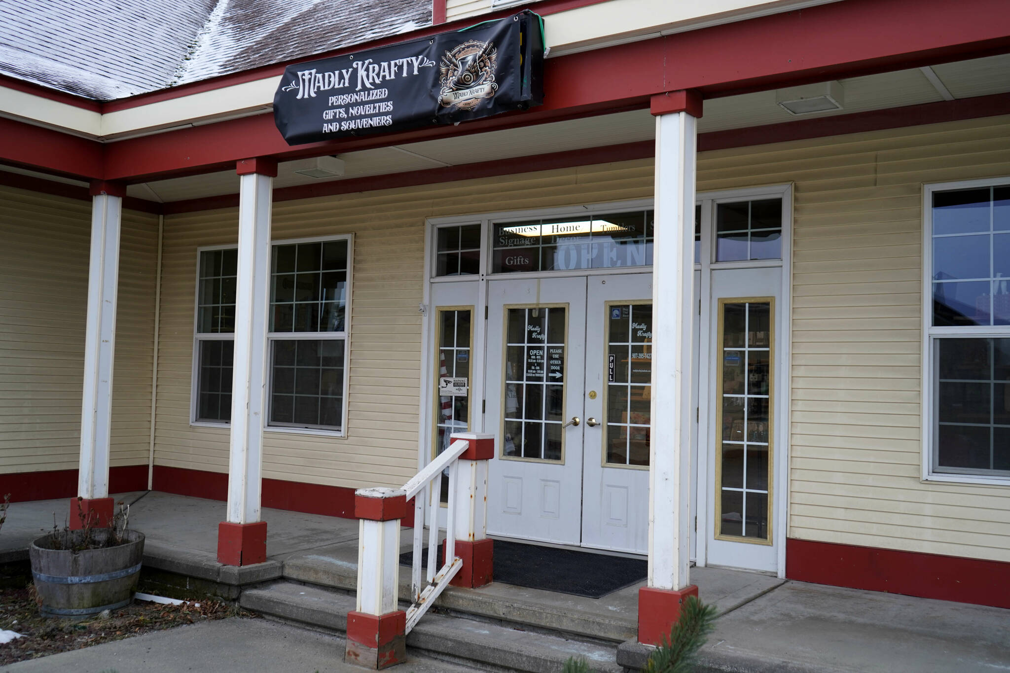 The storefront of Madly Krafty in Kenai, Alaska, is seen on Thursday, Nov. 14, 2024. (Jake Dye/Peninsula Clarion)