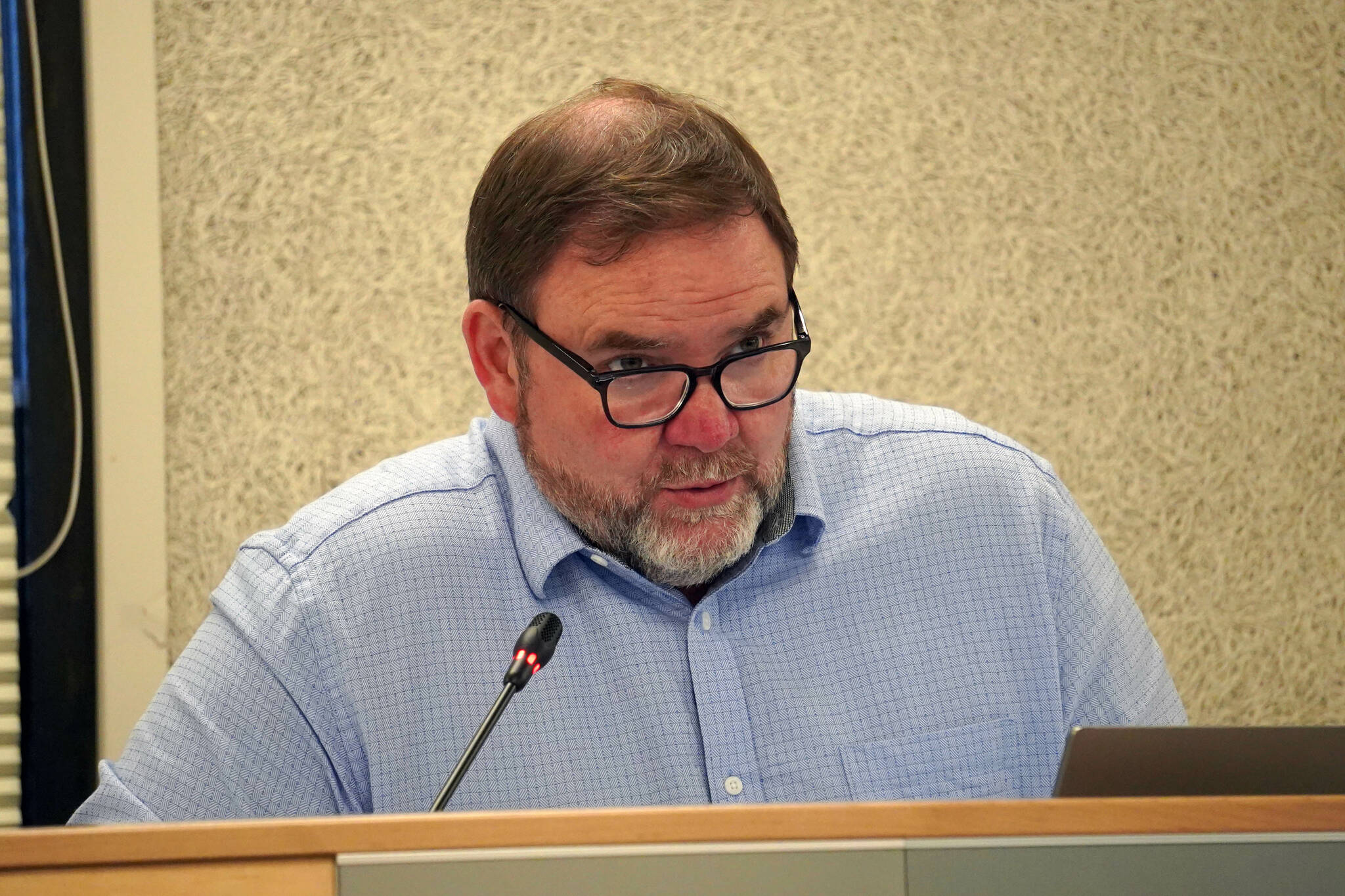 Kenai Peninsula Borough School District Superintendent Clayton Holland speaks during a meeting of the KPBSD Board of Education in Soldotna, Alaska, on Monday, June 3, 2024. (Jake Dye/Peninsula Clarion)