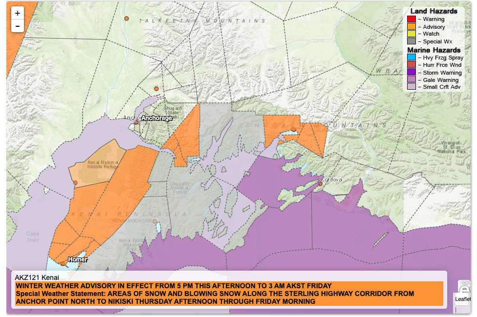 A winter weather advisory and special weather statement are in effect for the western Kenai Peninsula, while other messages are published for the eastern Kenai Peninsula, in this map from the National Weather Service. (Screenshot/National Weather Service)