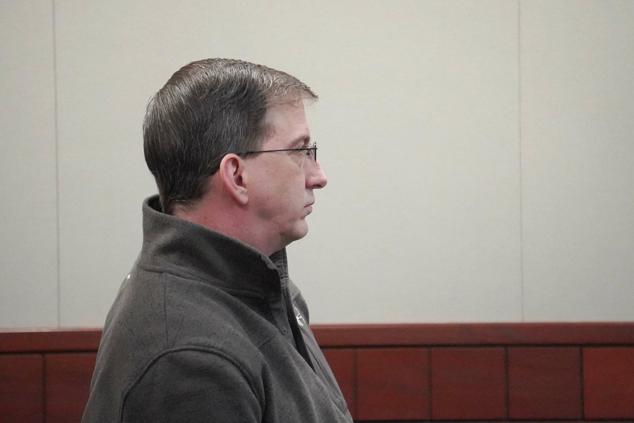 Joseph Miller Jr., an Alaska State Trooper charged with felony first-degree assault, appears for an arraignment at the Kenai Courthouse in Kenai, Alaska, on Thursday, Nov. 14, 2024. (Jake Dye/Peninsula Clarion)