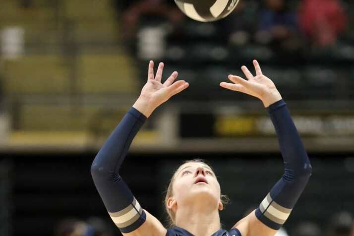 Soldotna junior Sarah Brown sets the ball during a 3-1 loss to Dimond on the first day of the ASAA/First National Bank 4A State Volleyball Championships on Thursday, Nov. 14, 2024, at the Alaska Airlines Center in Anchorage, Alaska. (Bruce Eggleston/matsusports.net)