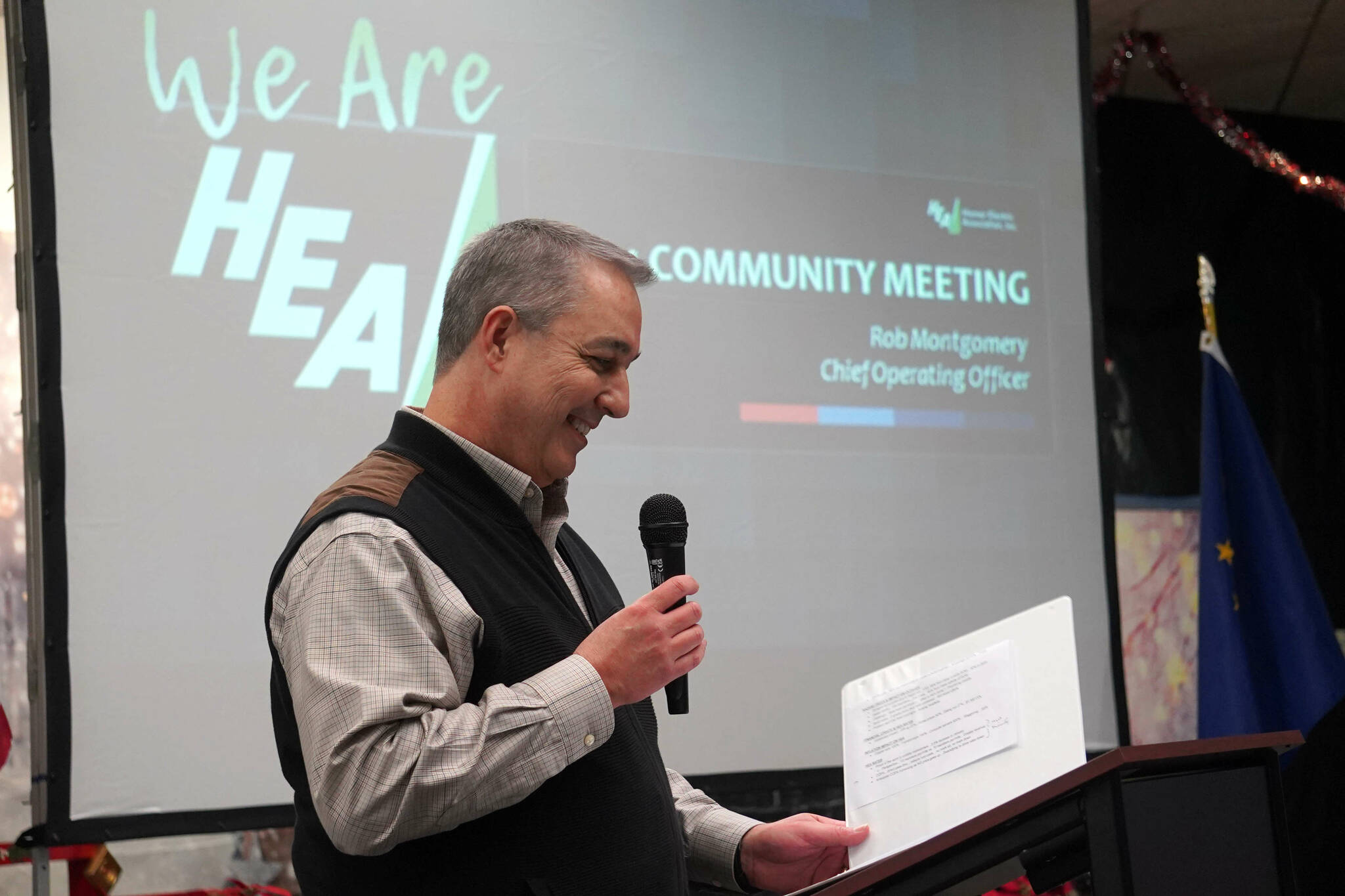 Homer Electric Association Chief Operating Officer Rob Montgomery speaks during a joint luncheon of the Kenai and Soldotna Chambers of Commerce at the Kenai Chamber of Commerce and Visitor Center in Kenai, Alaska, on Wednesday, Nov. 13, 2024. (Jake Dye/Peninsula Clarion)