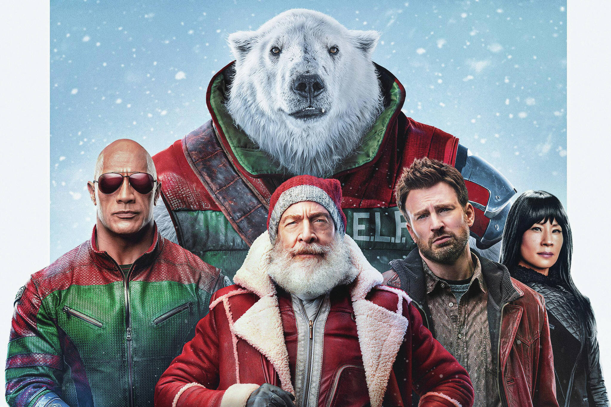 Promotional image courtesy Amazon MGM Studios
Dwayne Johnson as Callum Drift, J. K. Simmons as Santa Claus, Chris Evans as Jack O’Malley and Lucy Liu as Zoe Harlow in “Red One.”