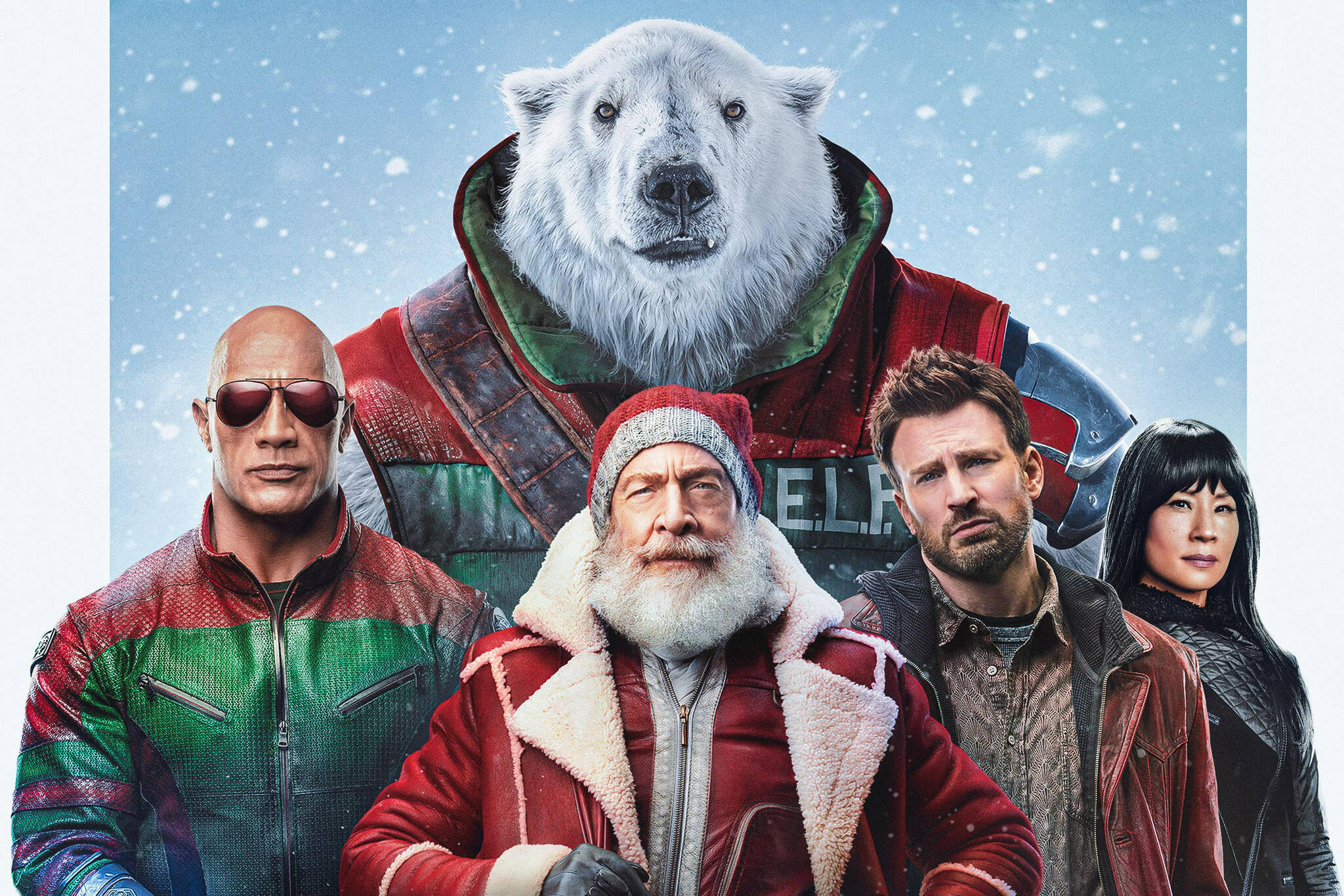 Dwayne Johnson as Callum Drift, J. K. Simmons as Santa Claus, Chris Evans as Jack O’Malley and Lucy Liu as Zoe Harlow in “Red One.” (Promotional image courtesy Amazon MGM Studios)