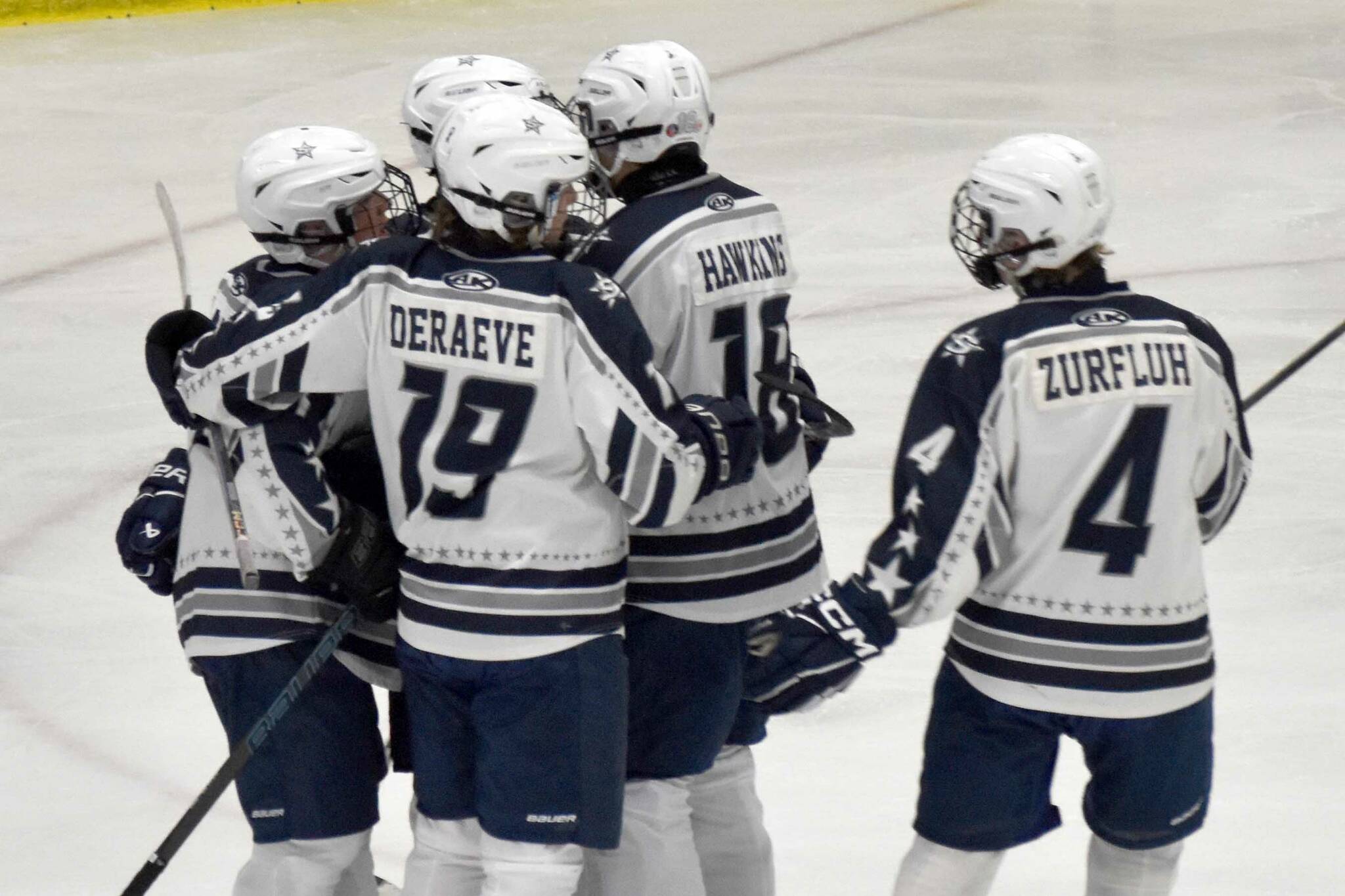 Soldotna celebrates a goal by Daniel Heath on Friday, Nov. 15, 2024, at the Soldotna Regional Sports Complex in Soldotna, Alaska. (Photo by Jonas Oyoumick/Peninsula Clarion)