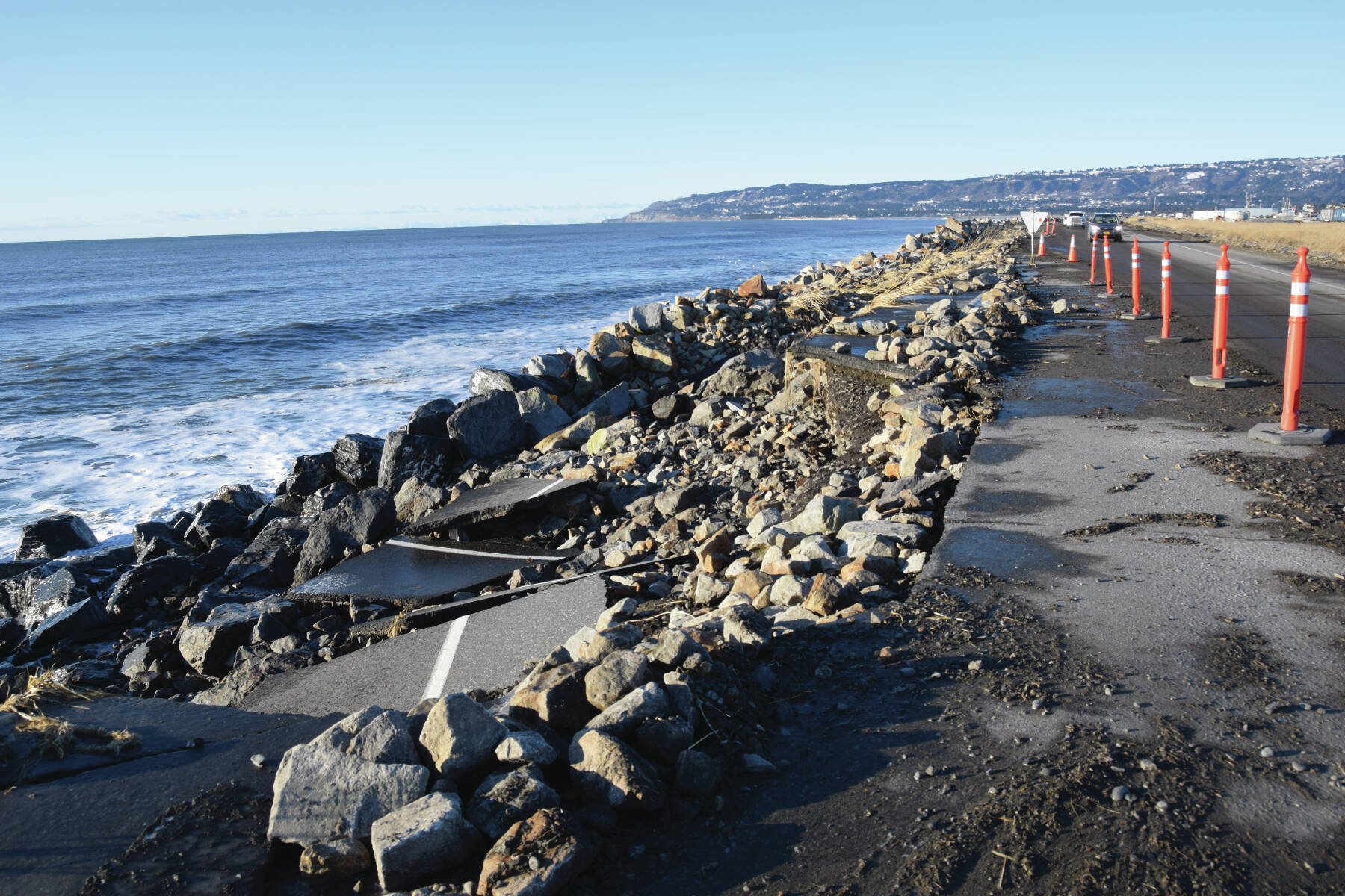 Erosion damage to the southbound lane of Homer Spit Road is seen on Monday, Nov. 18, 2024, following a storm event on Saturday in Homer, Alaska. (Delcenia Cosman/Homer News)