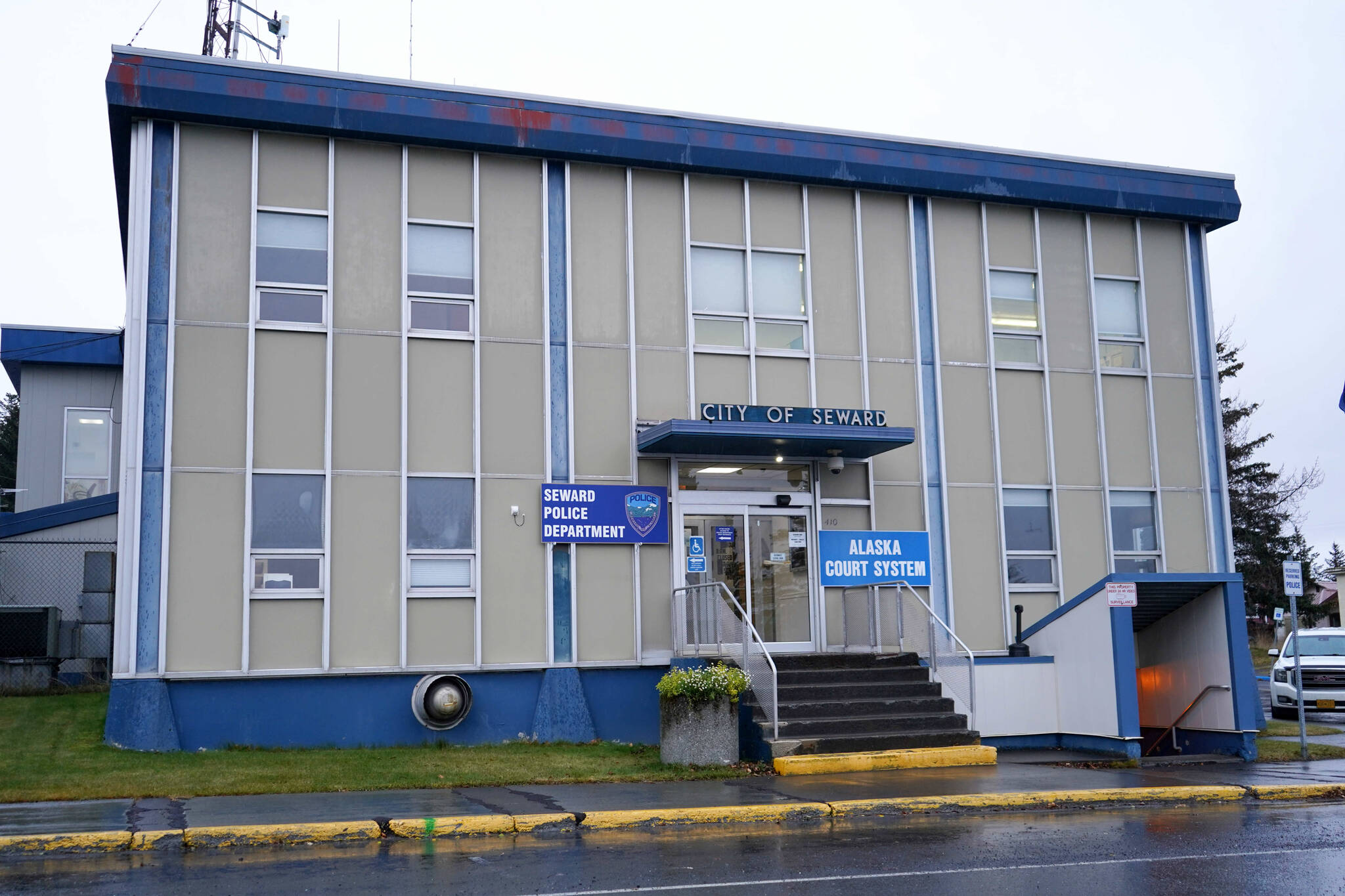 Seward City Hall is seen under cloudy skies in Seward, Alaska, on Thursday, Nov. 7, 2024. (Jake Dye/Peninsula Clarion)