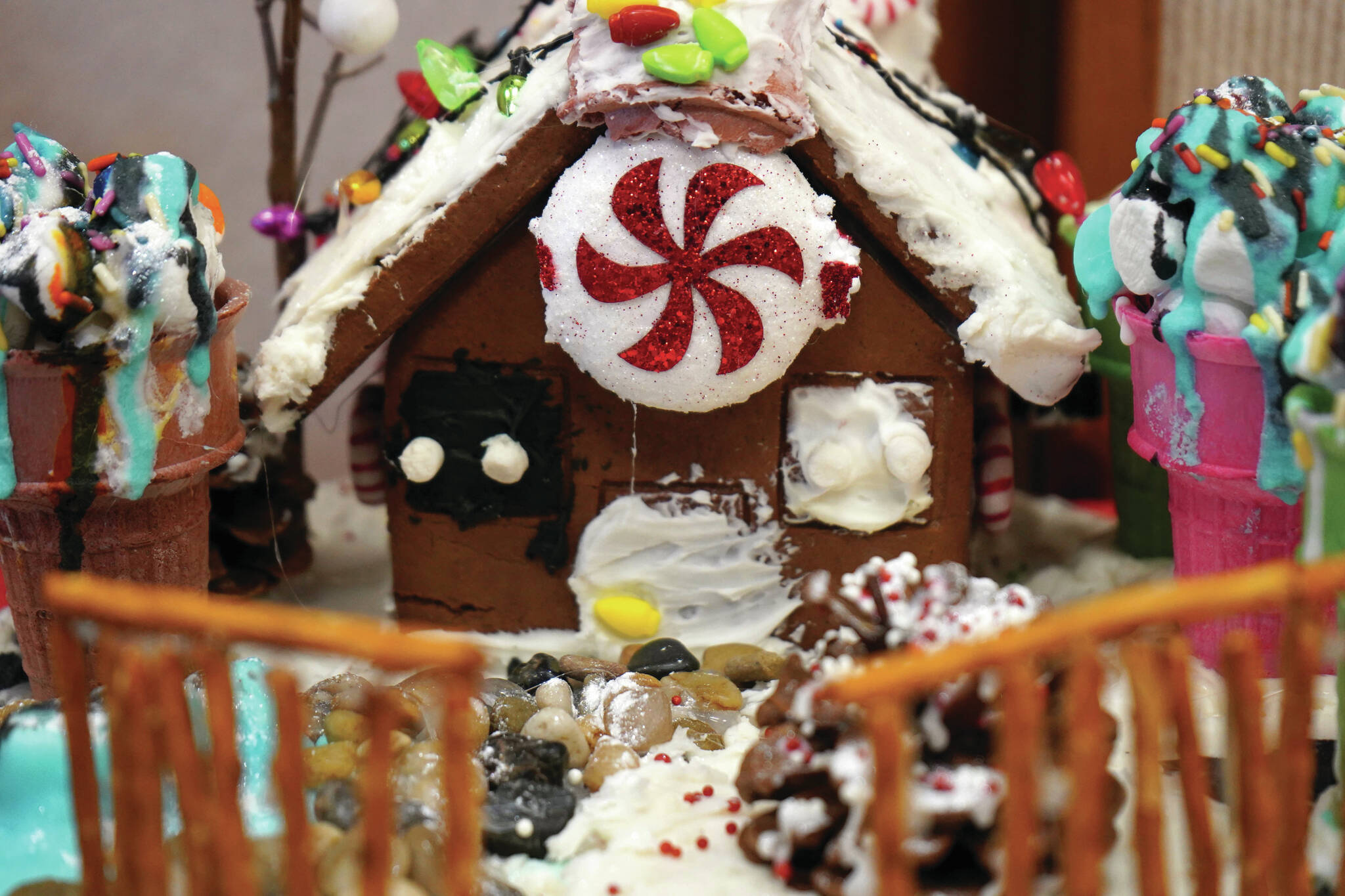 Jake Dye/Peninsula Clarion
A gingerbread house constructed by Aurelia, 6, is displayed in the Kenai Chamber of Commerce’s 12th Annual Gingerbread House Contest at the Kenai Chamber of Commerce and Visitor Center on Wednesday.