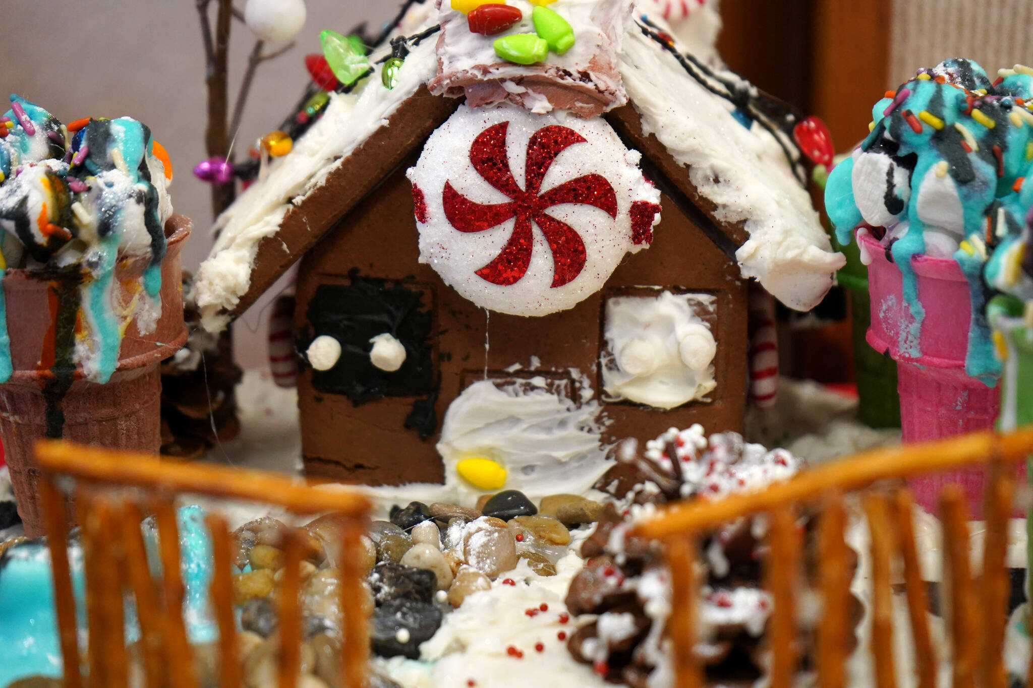 A gingerbread house constructed by Aurelia, 6, is displayed in the Kenai Chamber of Commerce’s 12th Annual Gingerbread House Contest at the Kenai Chamber of Commerce and Visitor Center in Kenai, Alaska, on Wednesday, Nov. 20, 2024. (Jake Dye/Peninsula Clarion)