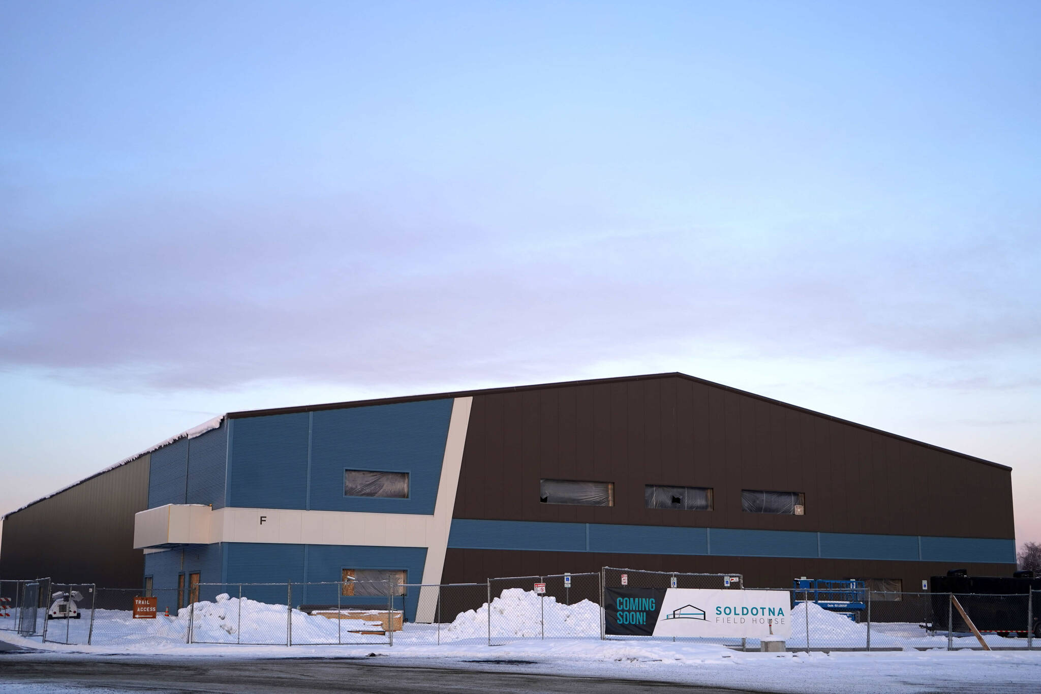 The under-construction Soldotna Field House stands in Soldotna, Alaska, on Thursday, Nov. 21, 2024. (Jake Dye/Peninsula Clarion)