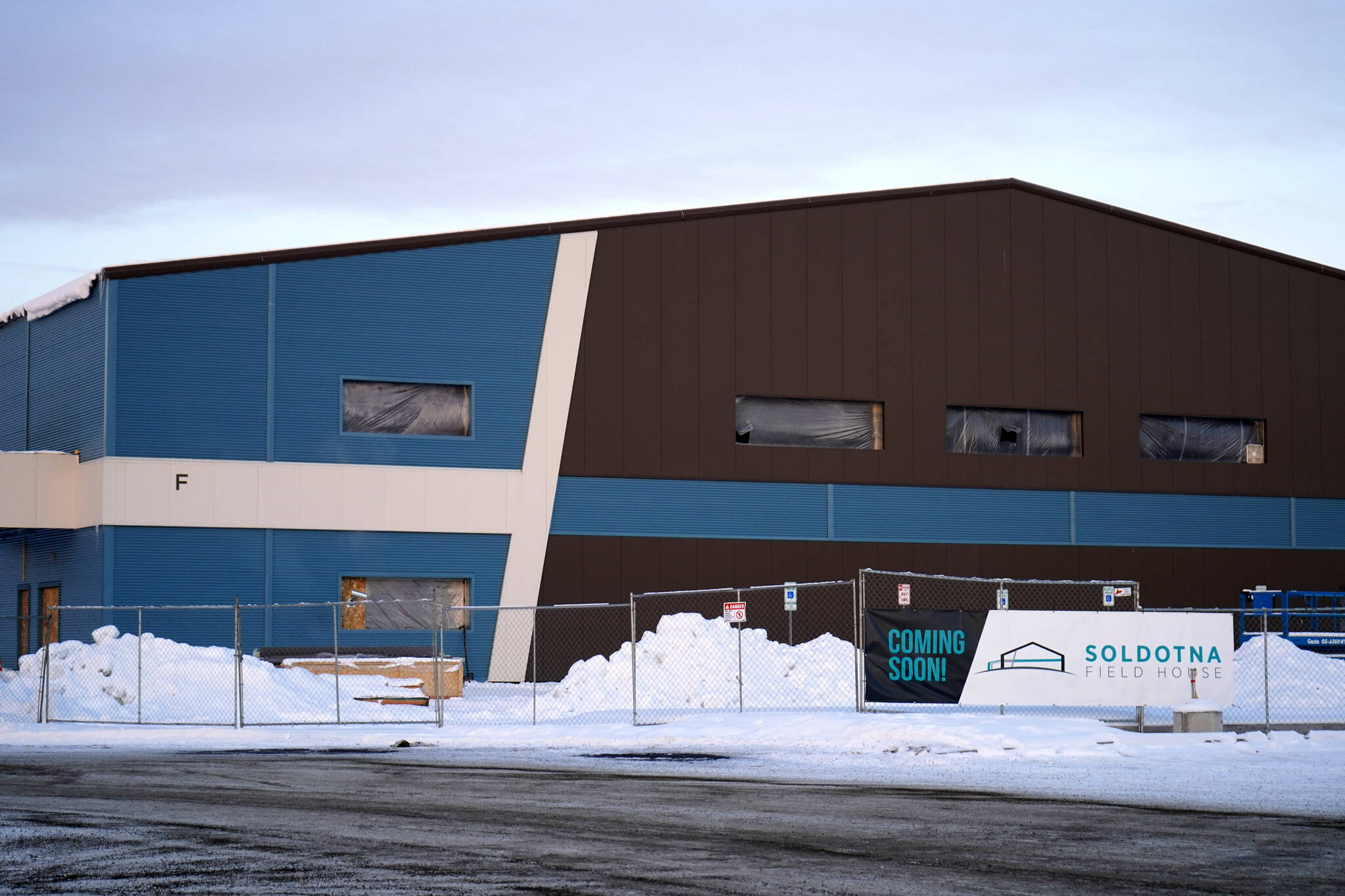 The under-construction Soldotna Field House stands in Soldotna, Alaska, on Thursday, Nov. 21, 2024. (Jake Dye/Peninsula Clarion)