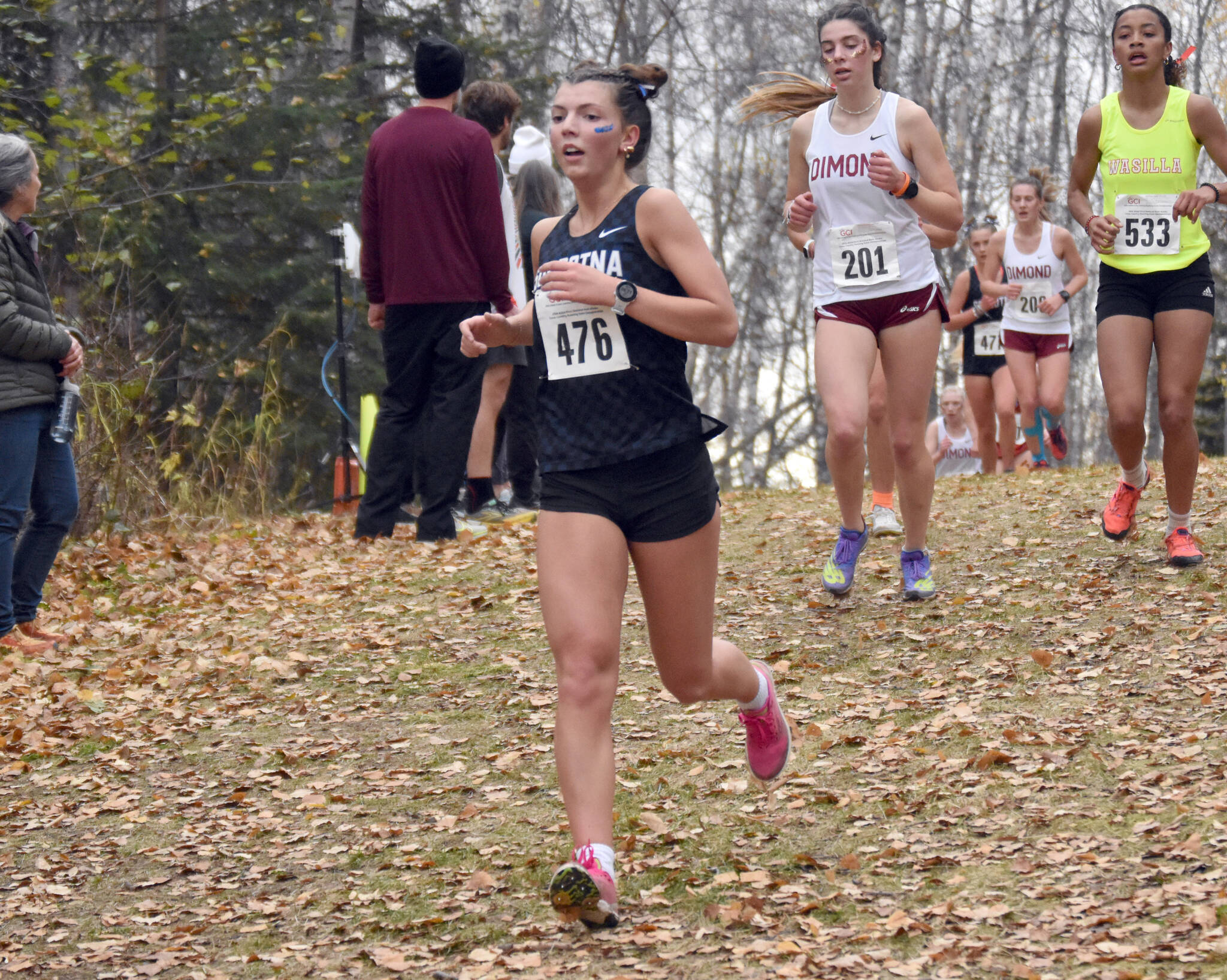 Soldotna’s Annie Burns competes in the Division I girls race at the state cross-country running meet on Saturday, Oct. 5, 2024, at Bartlett High School in Anchorage, Alaska. (Photo by Jeff Helminiak/Peninsula Clarion)