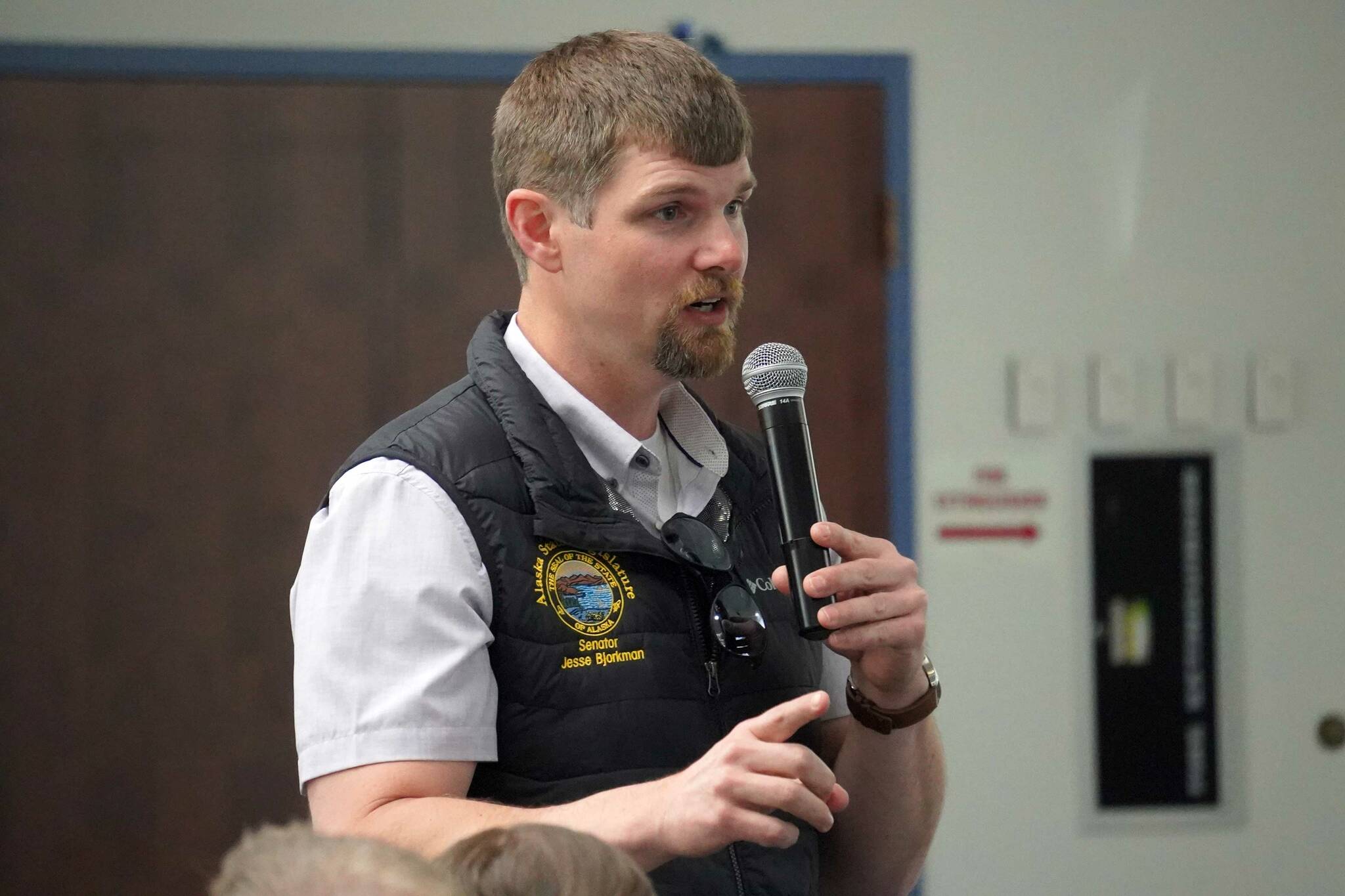 Sen. Jesse Bjorkman, R-Nikiski, delivers a legislative update to the joint Kenai and Soldotna Chambers of Commerce in Kenai, Alaska, on Wednesday, June 19, 2024. (Jake Dye/Peninsula Clarion)