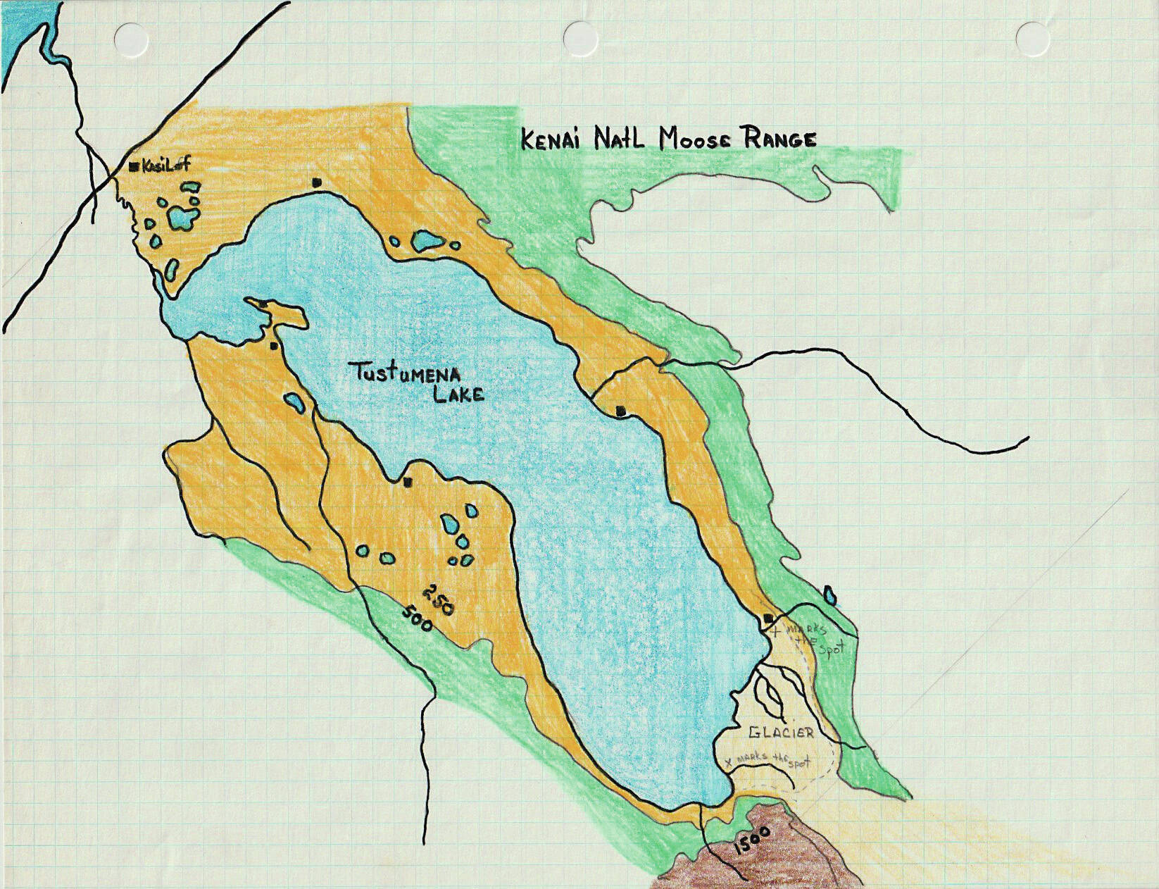 Map courtesy of Kerri Copper
This map of Tustumena Lake was created in 1975 by John Dolph as he planned an Alaska adventure — and delayed honeymoon — for himself and his wife, Kerri. On the upper end of the lake, Dolph had penciled in two prospective camping sites.