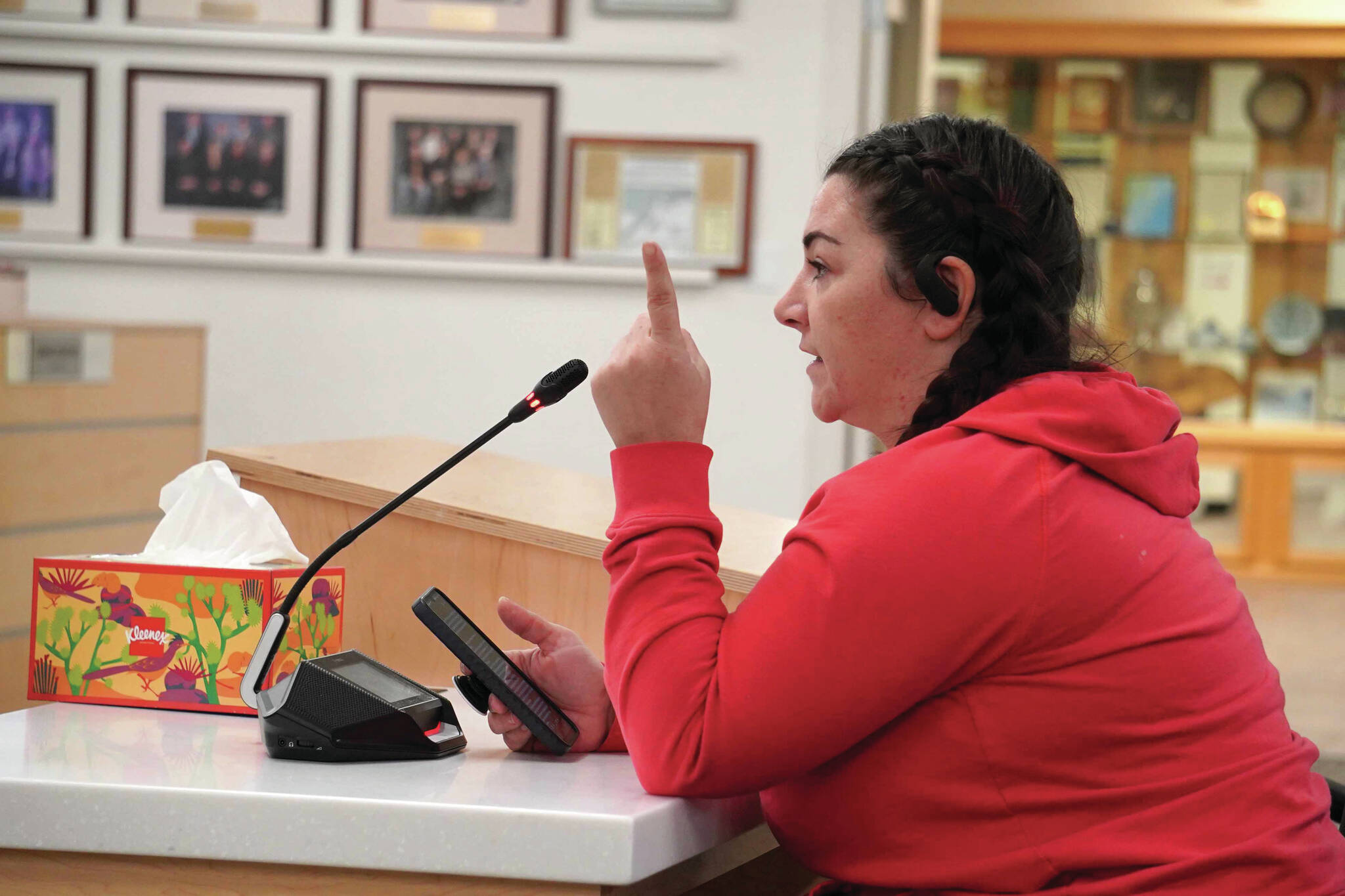 Shannon Ferguson speaks during a meeting of the Kenai Peninsula Borough School District’s Board of Education in Soldotna on Monday. (Jake Dye/Peninsula Clarion)